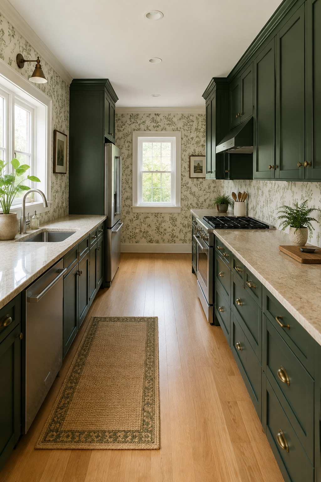 Galley layout with a clear prep run and practical service path beside kitchen run.