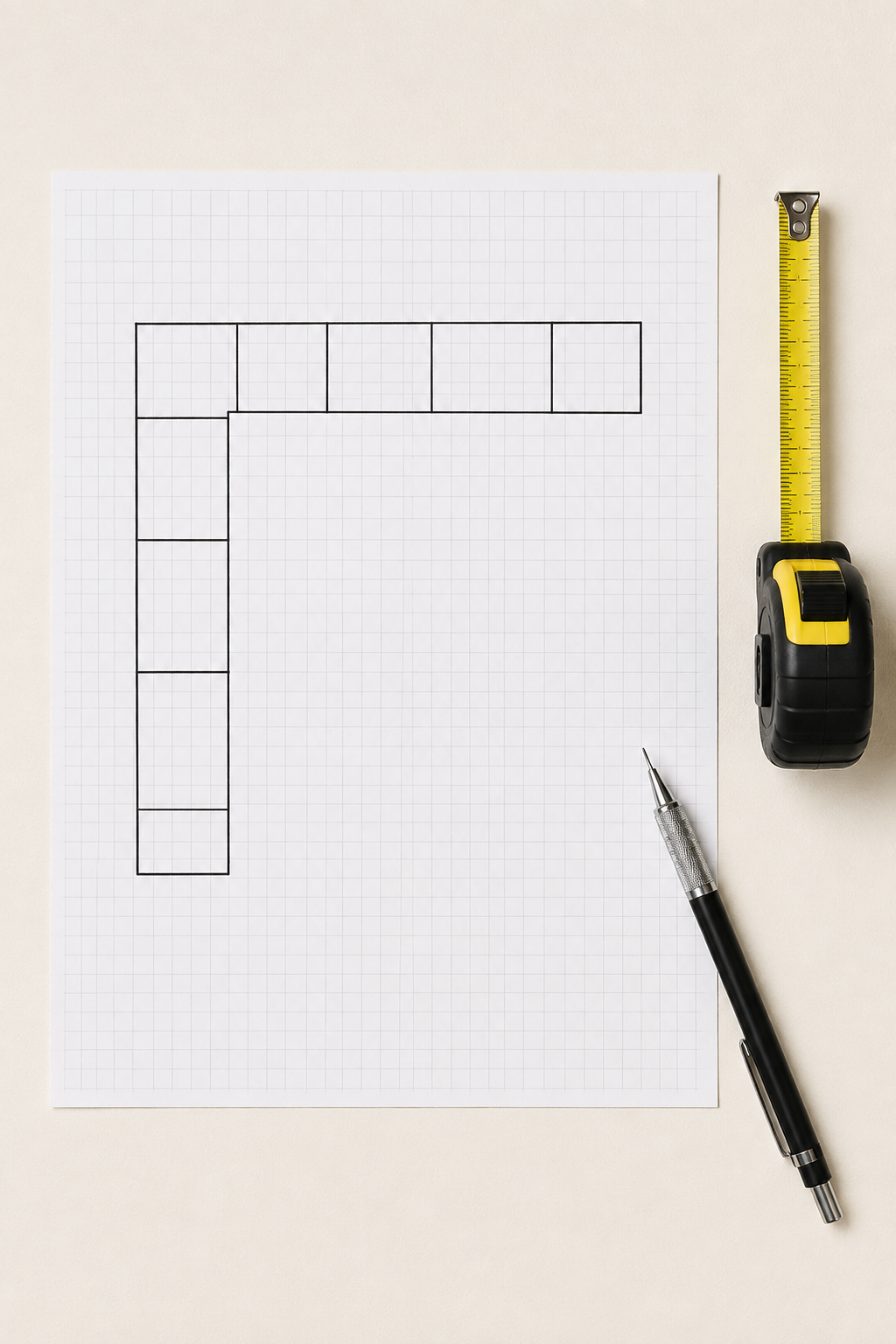 Graph-paper planning sheet with a simple sensible L-shaped cabinet footprint, retractable tape measure, and pencil.