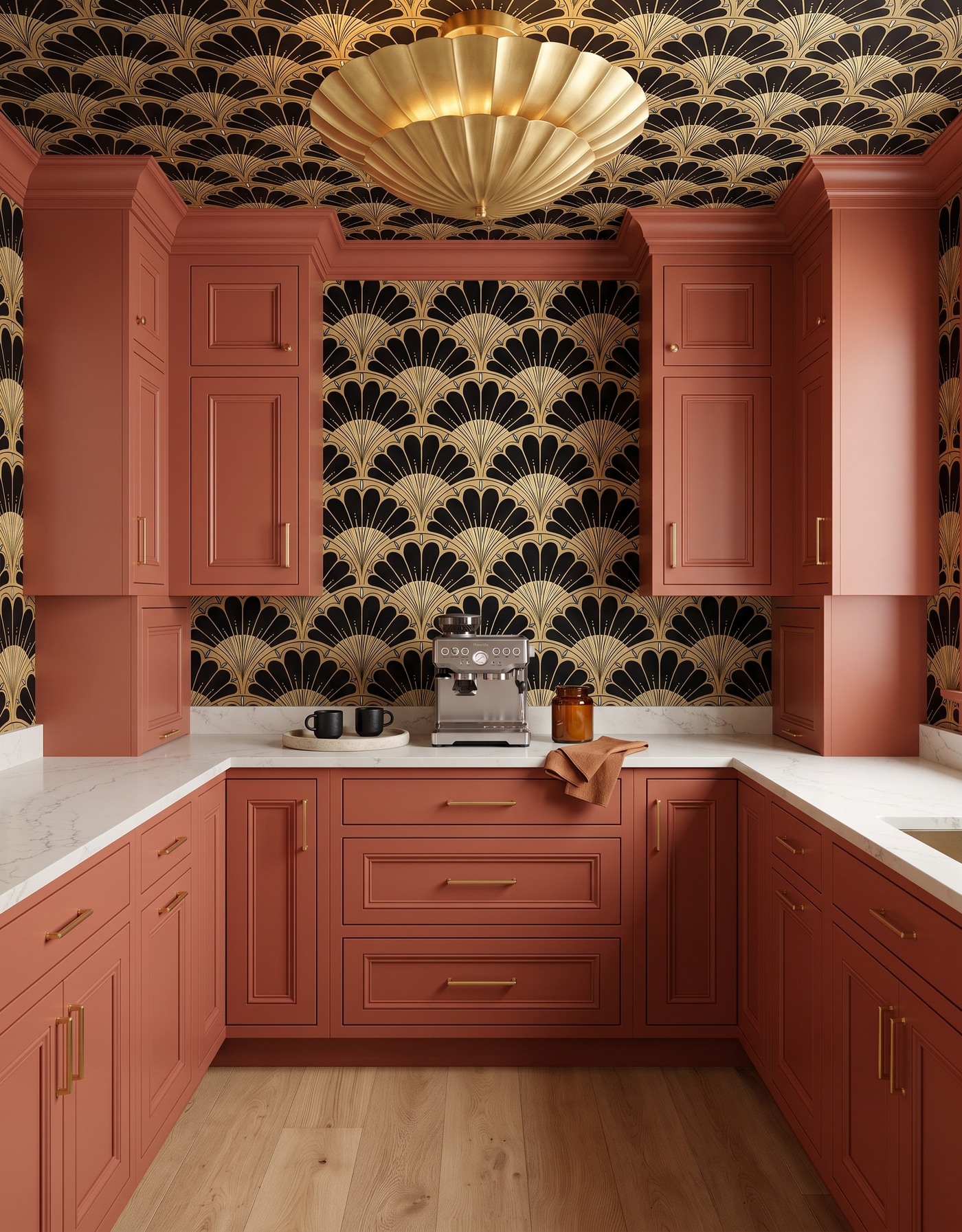 AI-created concept: Terracotta pantry cabinetry meets black-and-gold fan wallpaper and a sculptural gold light.