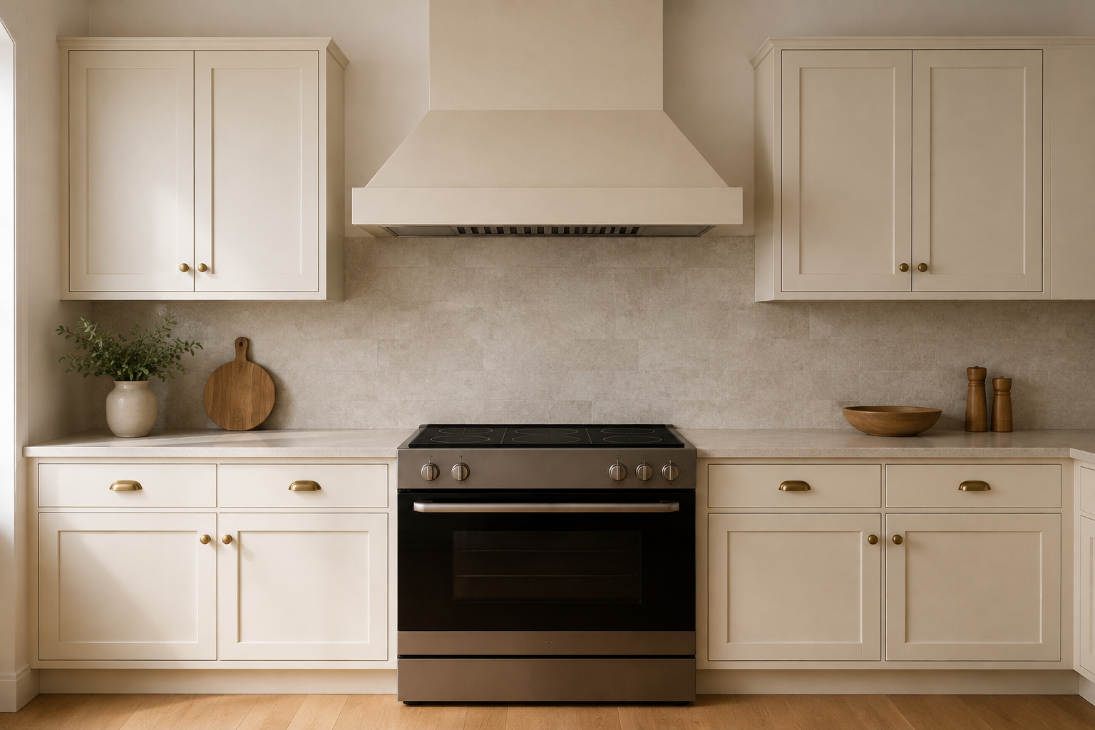 Range centered directly beneath a full-width wall hood with clear capture area and balanced side cabinets.