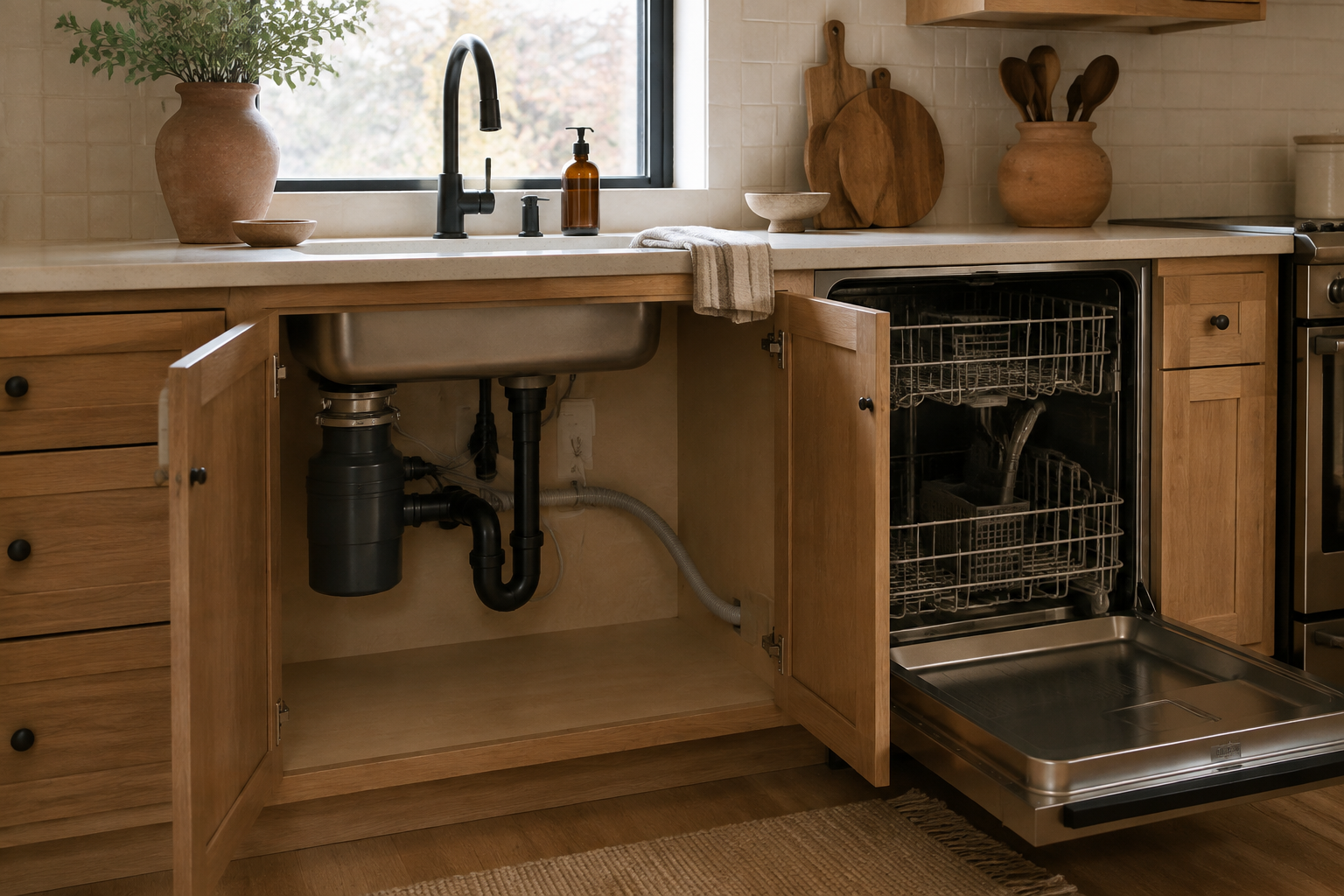 Sink-side utility view with believable service routing and dishwasher adjacency.