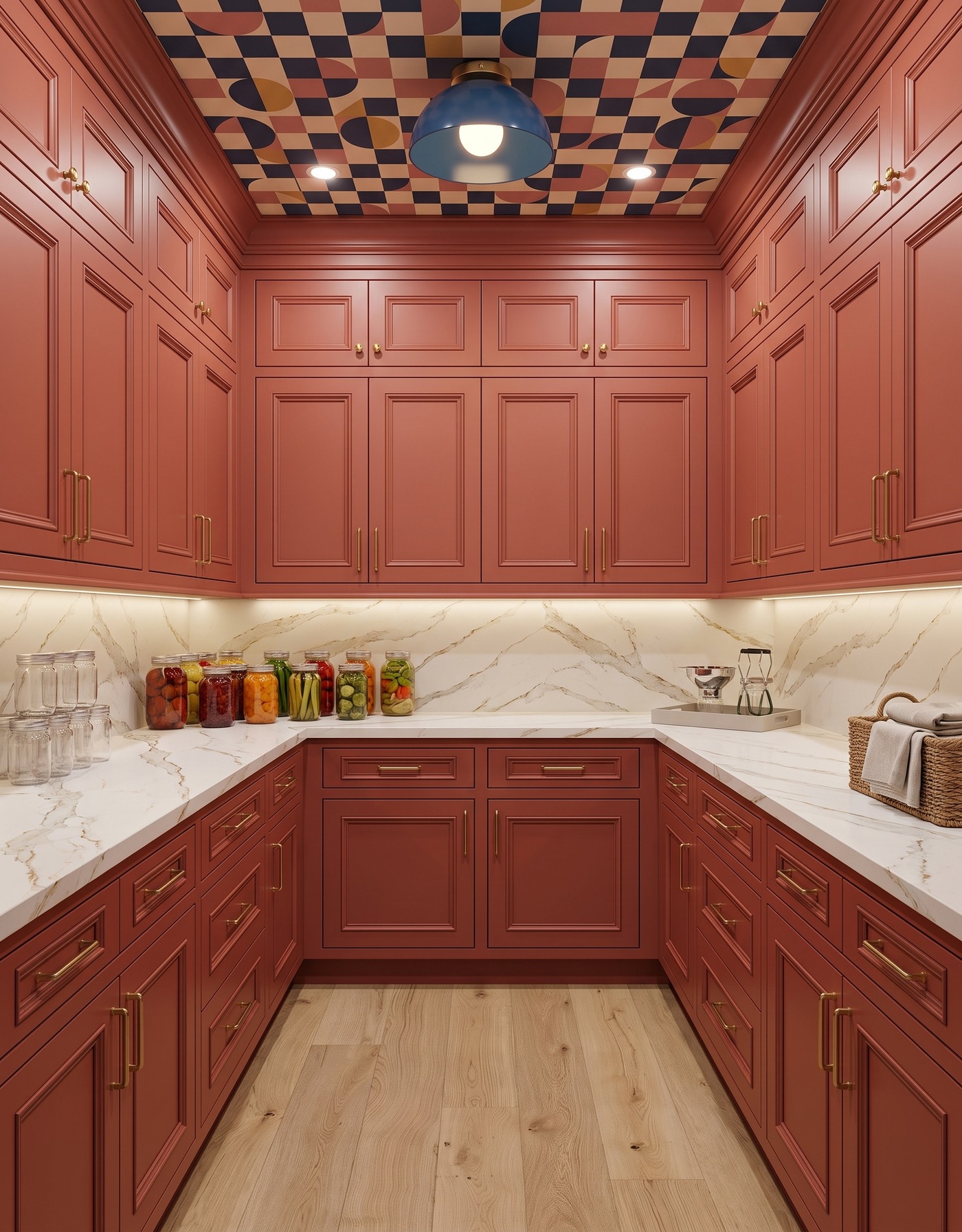 AI-created concept: Burnt-orange pantry cabinets beneath a navy-and-ochre geometric ceiling, with pale counters, jars and a blue dome light.