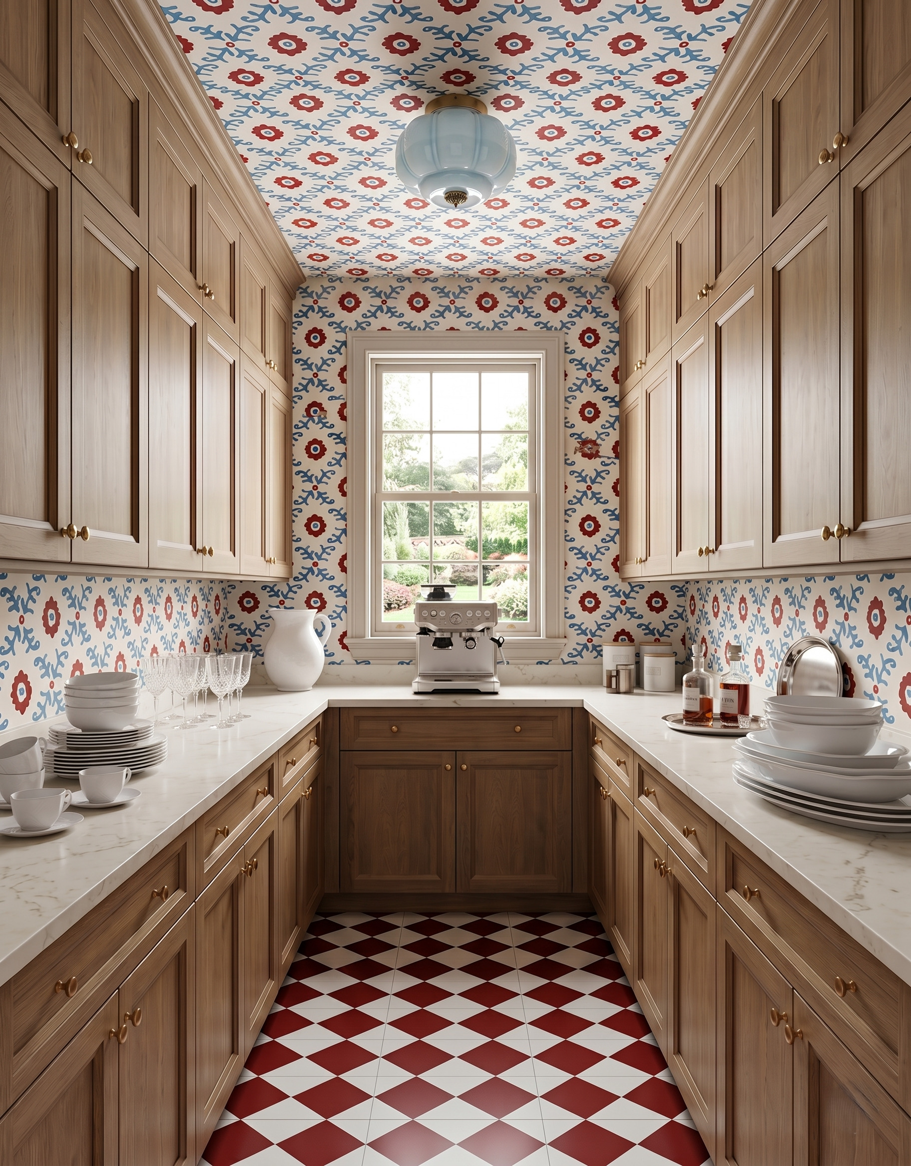 Natural-wood pantry with red-and-blue floral wallpaper, a pale-blue ceiling light and a red-and-cream diamond-patterned floor.