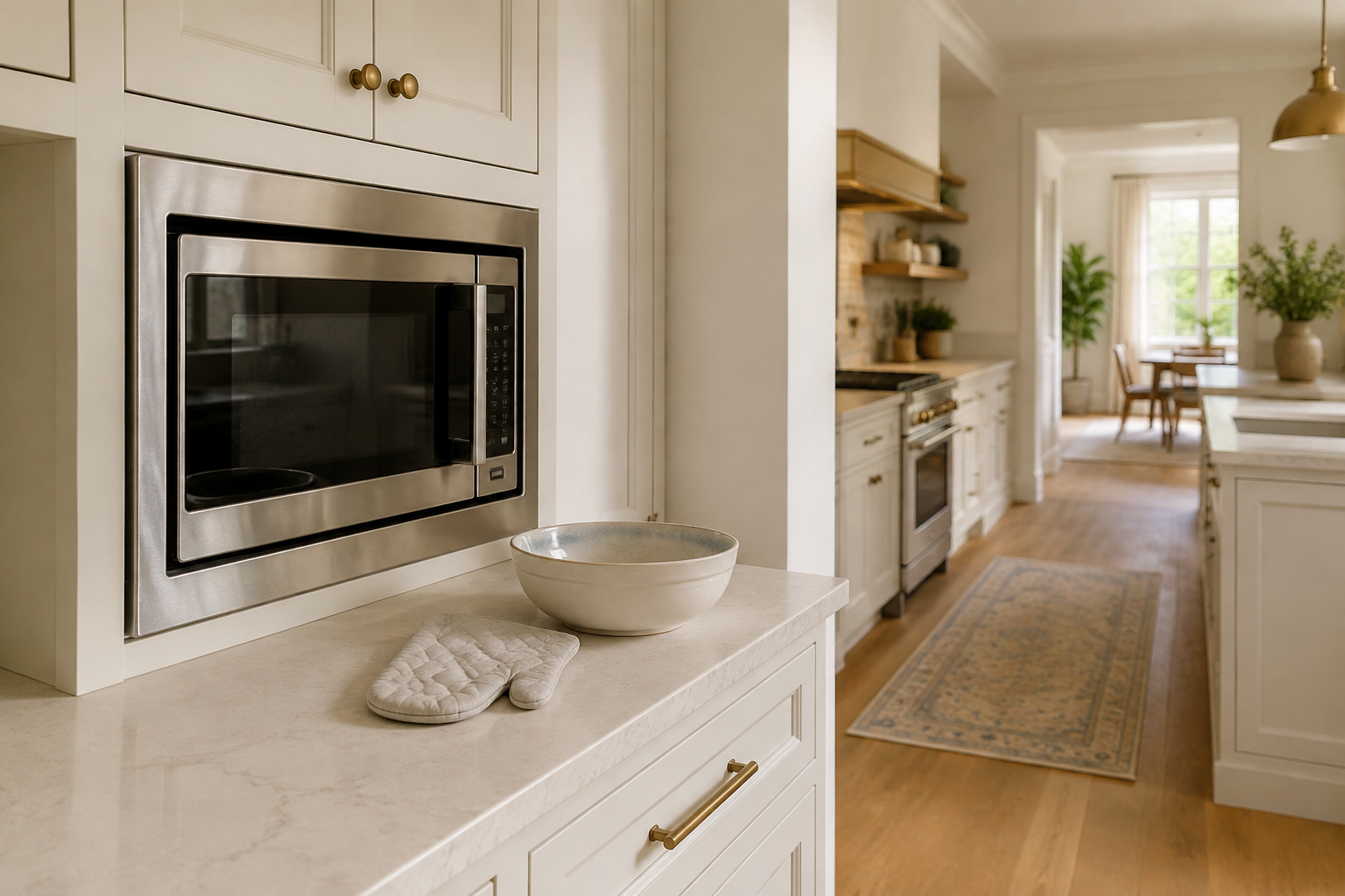 Built-in microwave immediately beside a clear counter landing area and an open household passage.