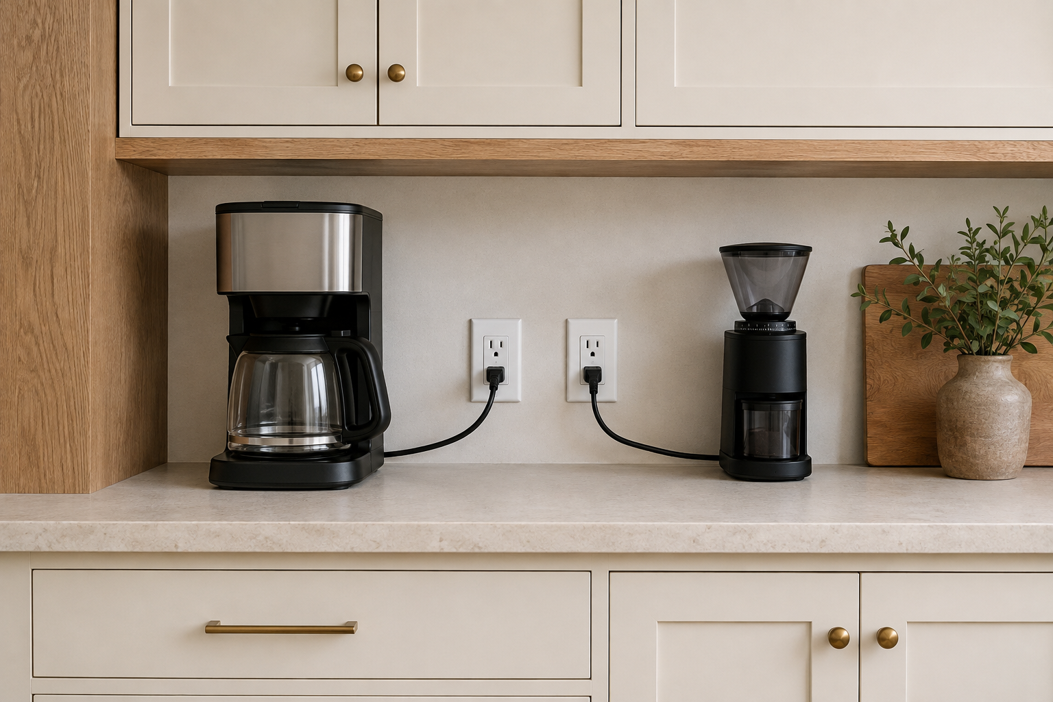 Open coffee niche with two accessible wall outlets above the counter and short tidy appliance cords.