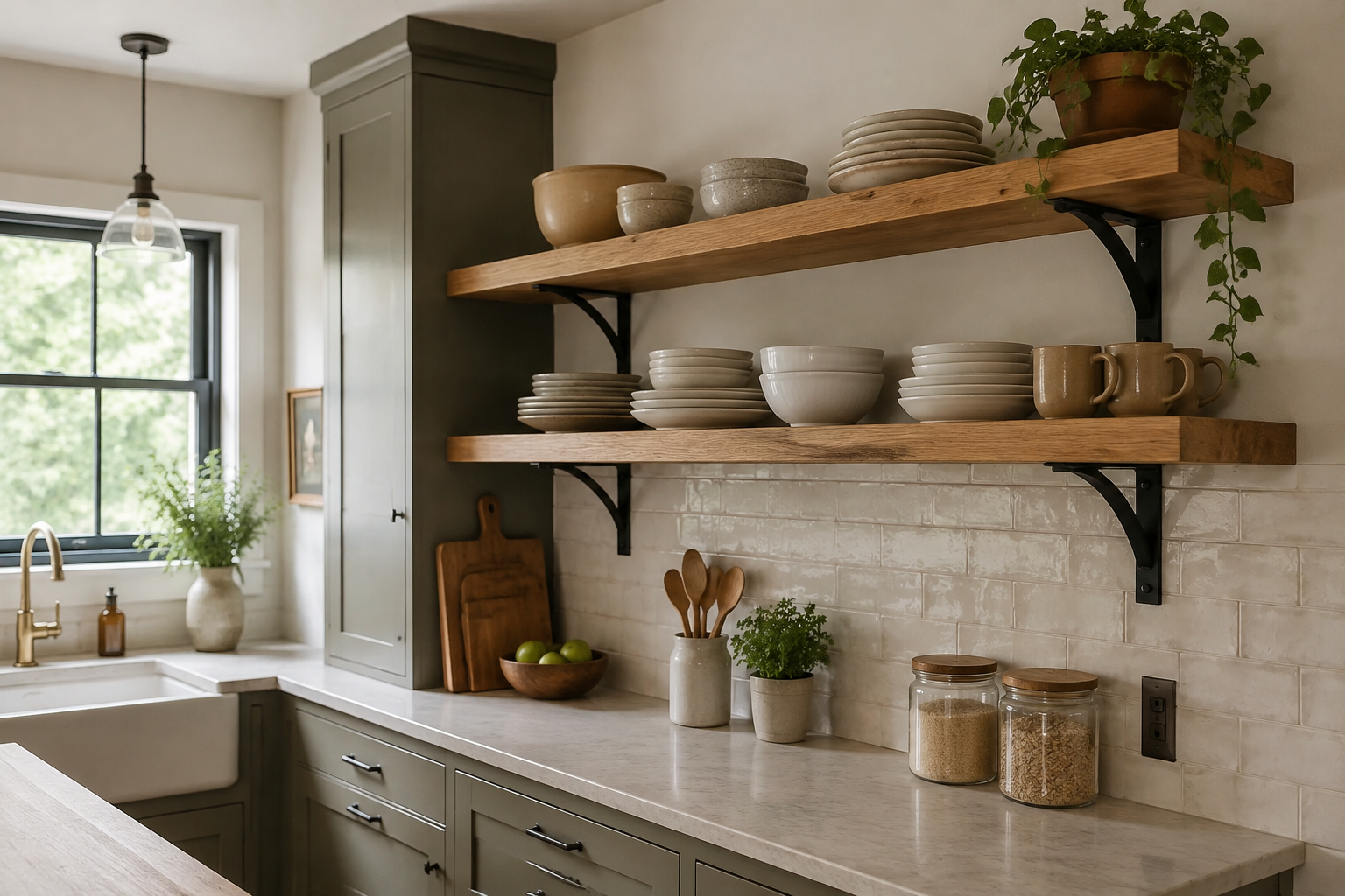 Thick oak kitchen shelves with visible dark metal brackets supporting ordinary ceramic dishes.
