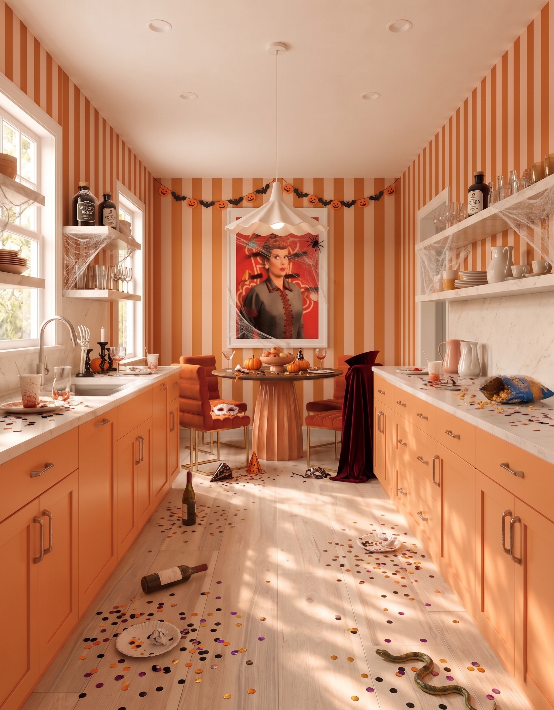 Peach galley kitchen with orange striped walls, a small round dining table, a white scalloped pendant and pumpkin-and-bat garland.
