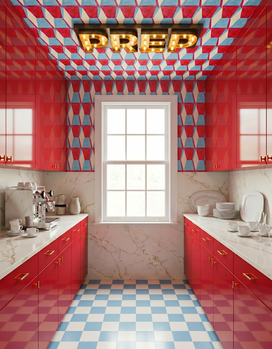 Concept image of a vivid red pantry with blue-and-red checkerboard pattern, glossy opaque cabinetry, and white counters.