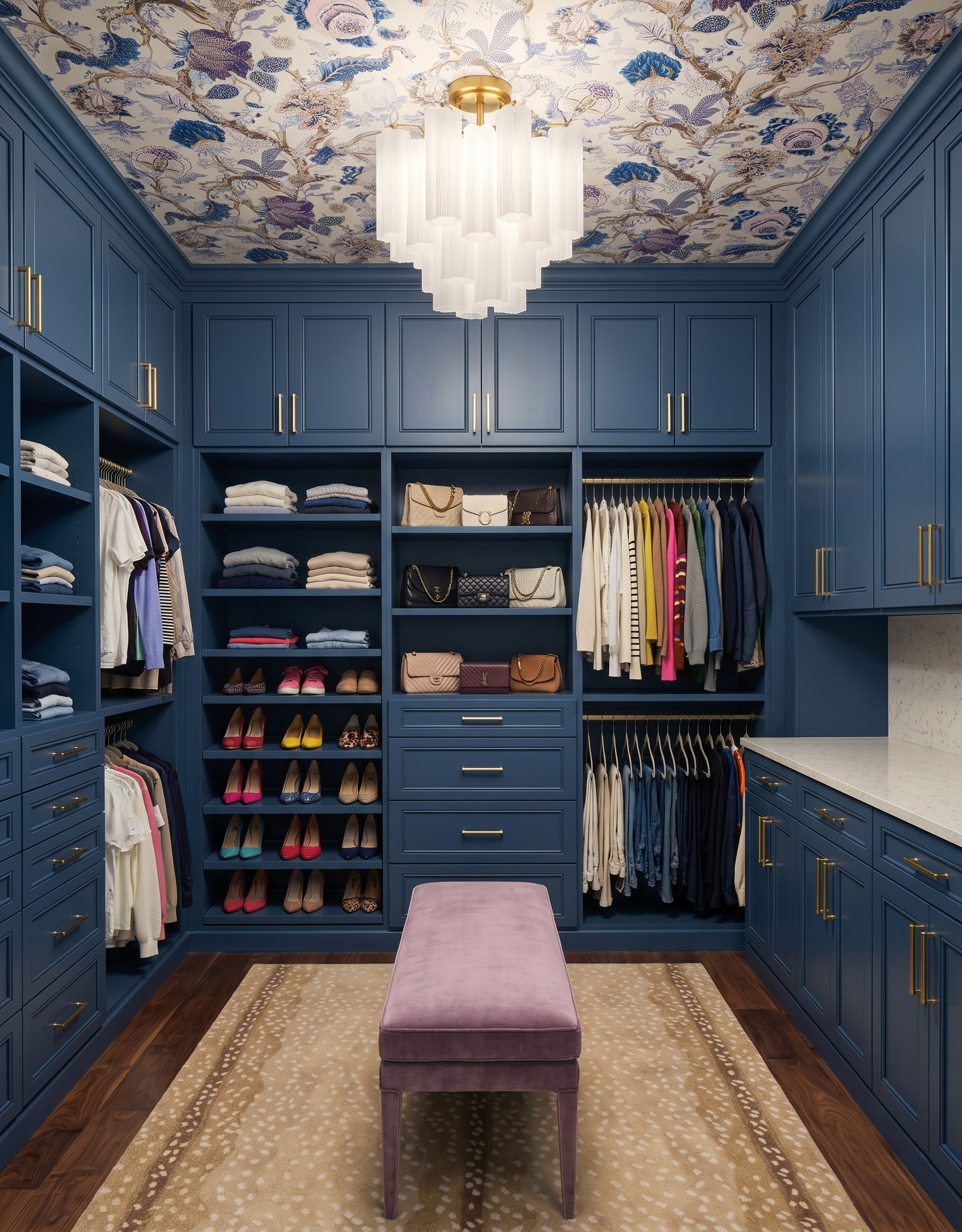 Lavender upholstered bench with matching covered legs on a spotted rug in a dusty navy closet, beneath a floral ceiling and white fluted light.