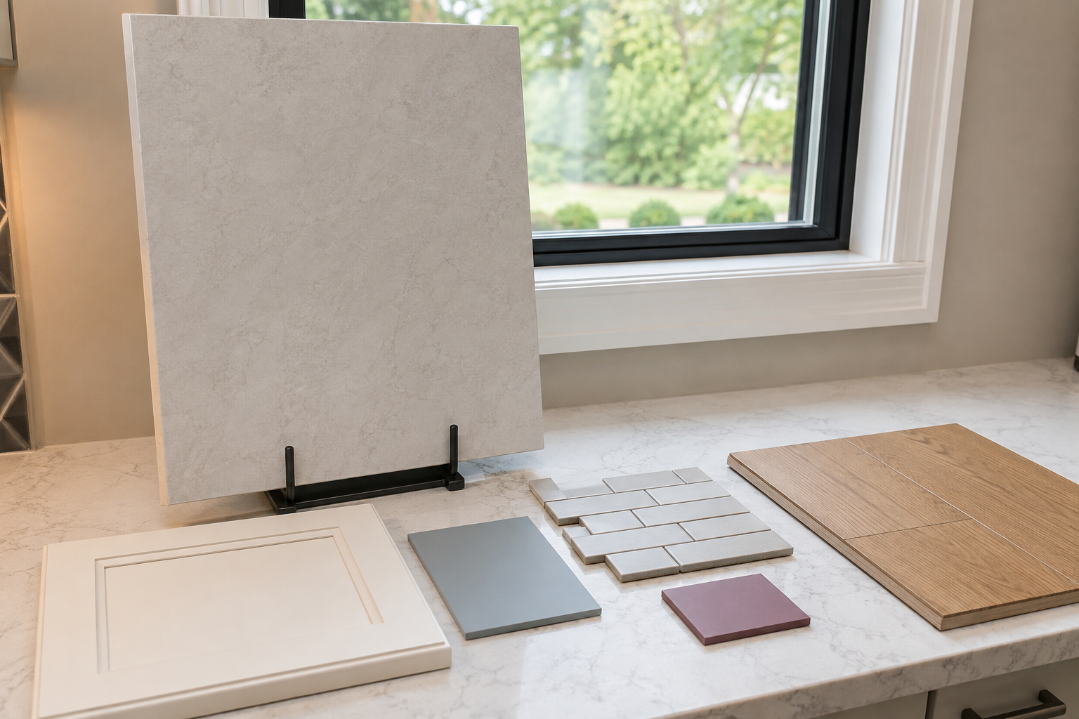 Large upright pale-stone sample secured in a stand beside real cabinet-door, paint, backsplash-tile, and wood-floor samples on a supported counter in daylight.