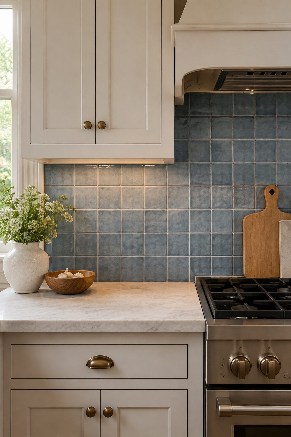 Dusty-blue handmade square tile with consistent warm-gray grout beneath task lighting beside a vented range.