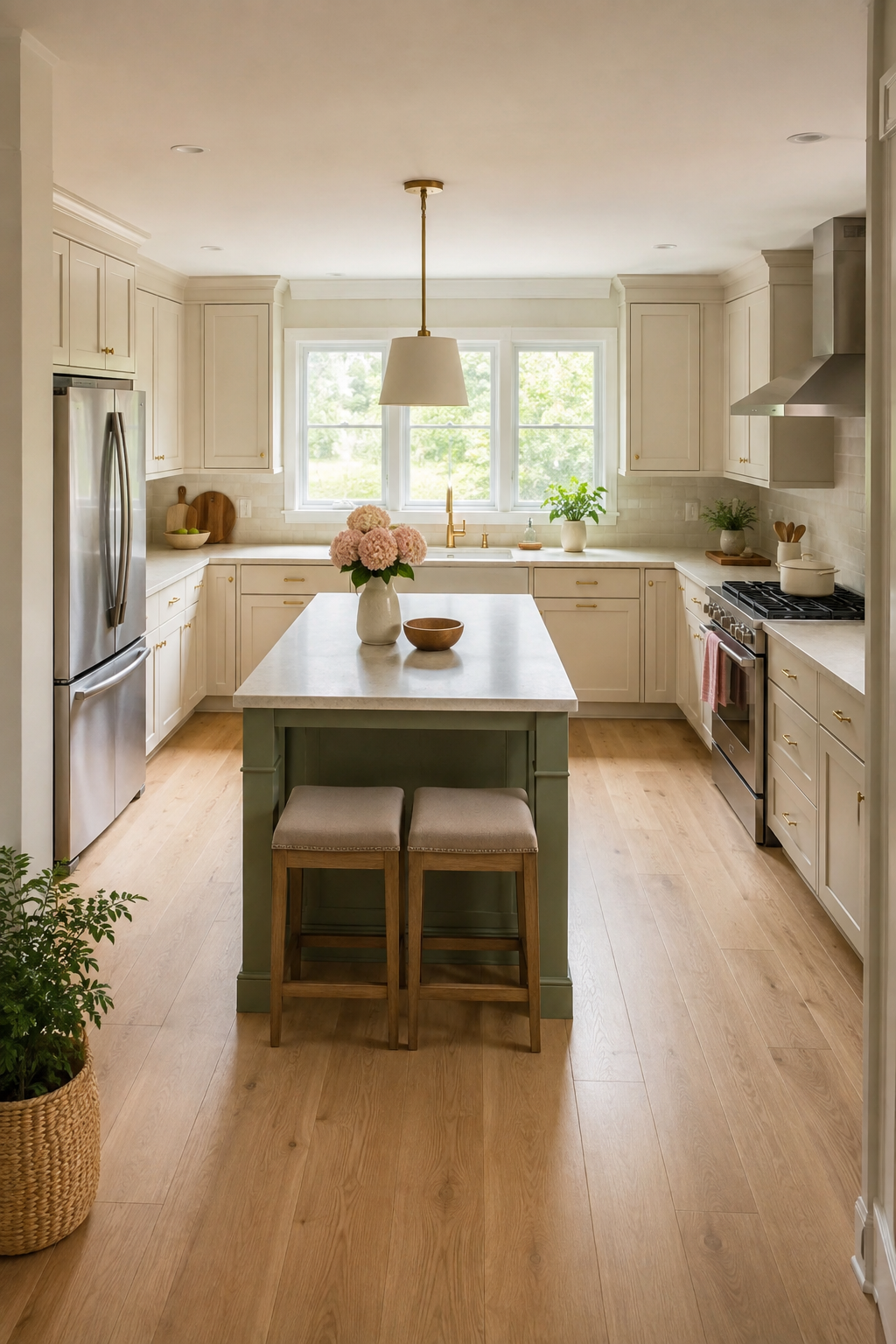 A modest sage island with two room-side stools and clear floor aisles to the sink, range, and refrigerator.