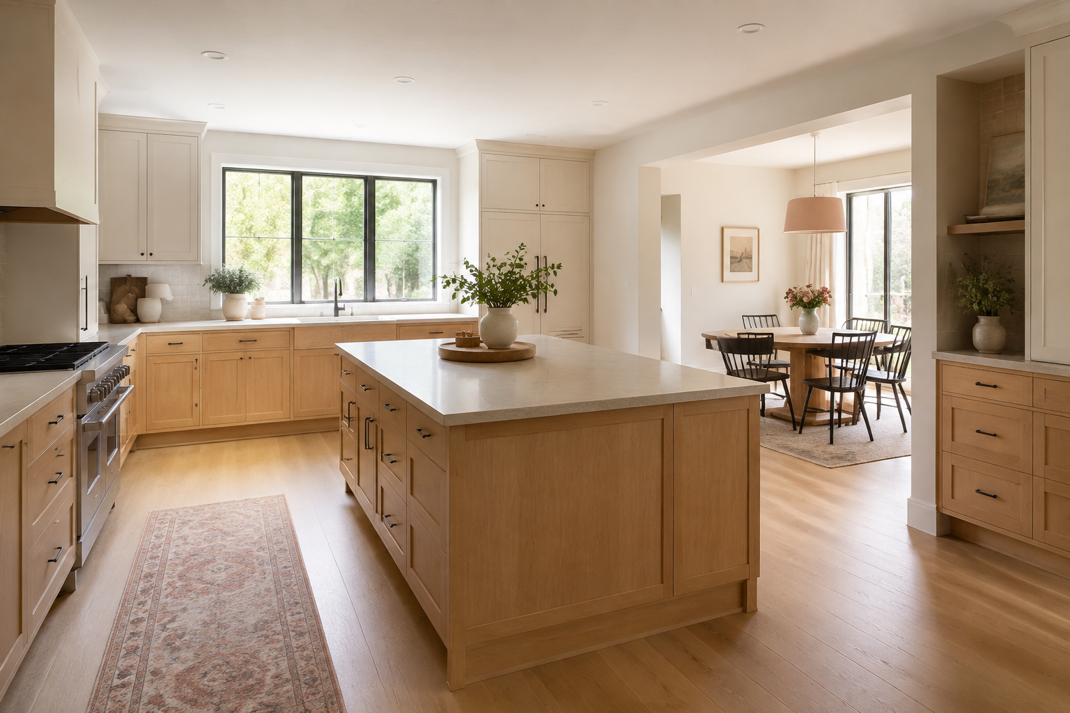 Generous kitchen with a proportional freestanding island and open routes to a breakfast area.
