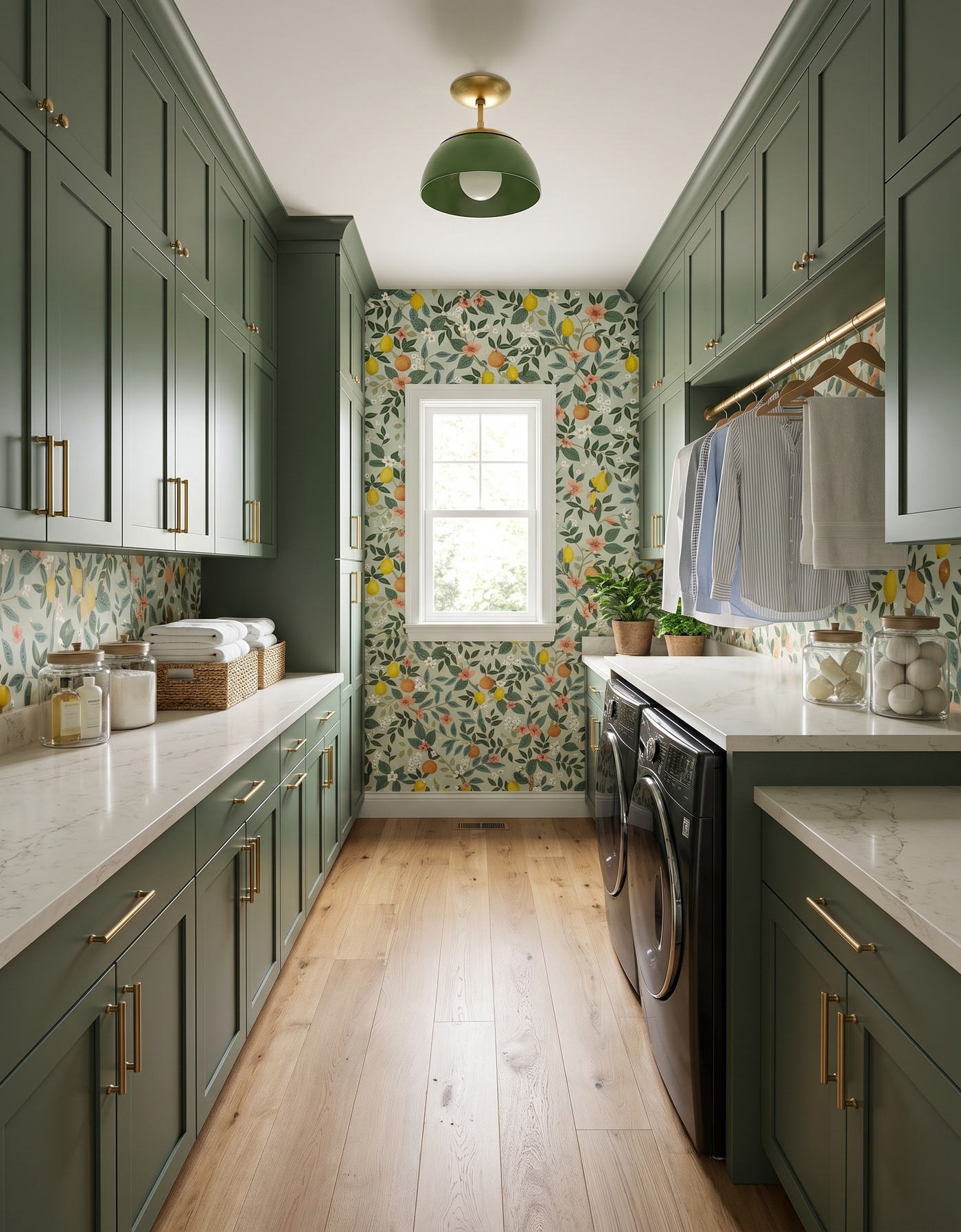 AI-created concept: Moss-green cabinets, citrus wallpaper, pale wood floor, green dome light and black laundry appliances along the right wall.