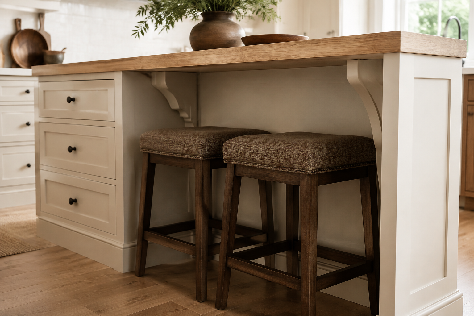 Side view of a seated stool at a kitchen island showing a comfortable knee zone beneath the countertop.