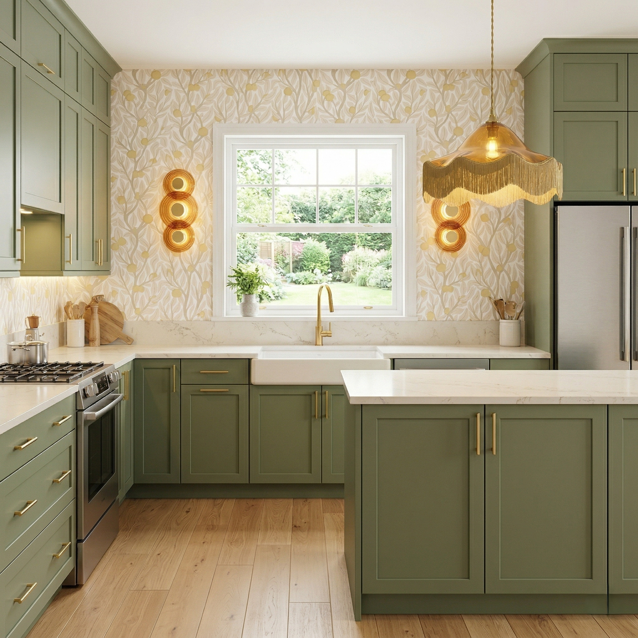 Gray-green kitchen cabinets with pale lemon-and-leaf wallpaper, amber wall lights, a fringed amber pendant, white apron-front sink and pale wood floor.
