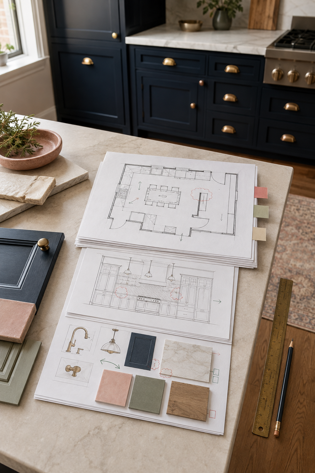 Kitchen plans, elevations, material samples, revision marks, and tabs organized beside a finished dark-blue kitchen.