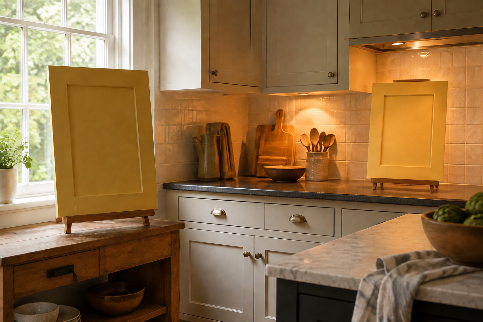 Two opaque yellow cabinet-door samples on wooden easels, one beside a bright window and one on a counter under warm task lighting.