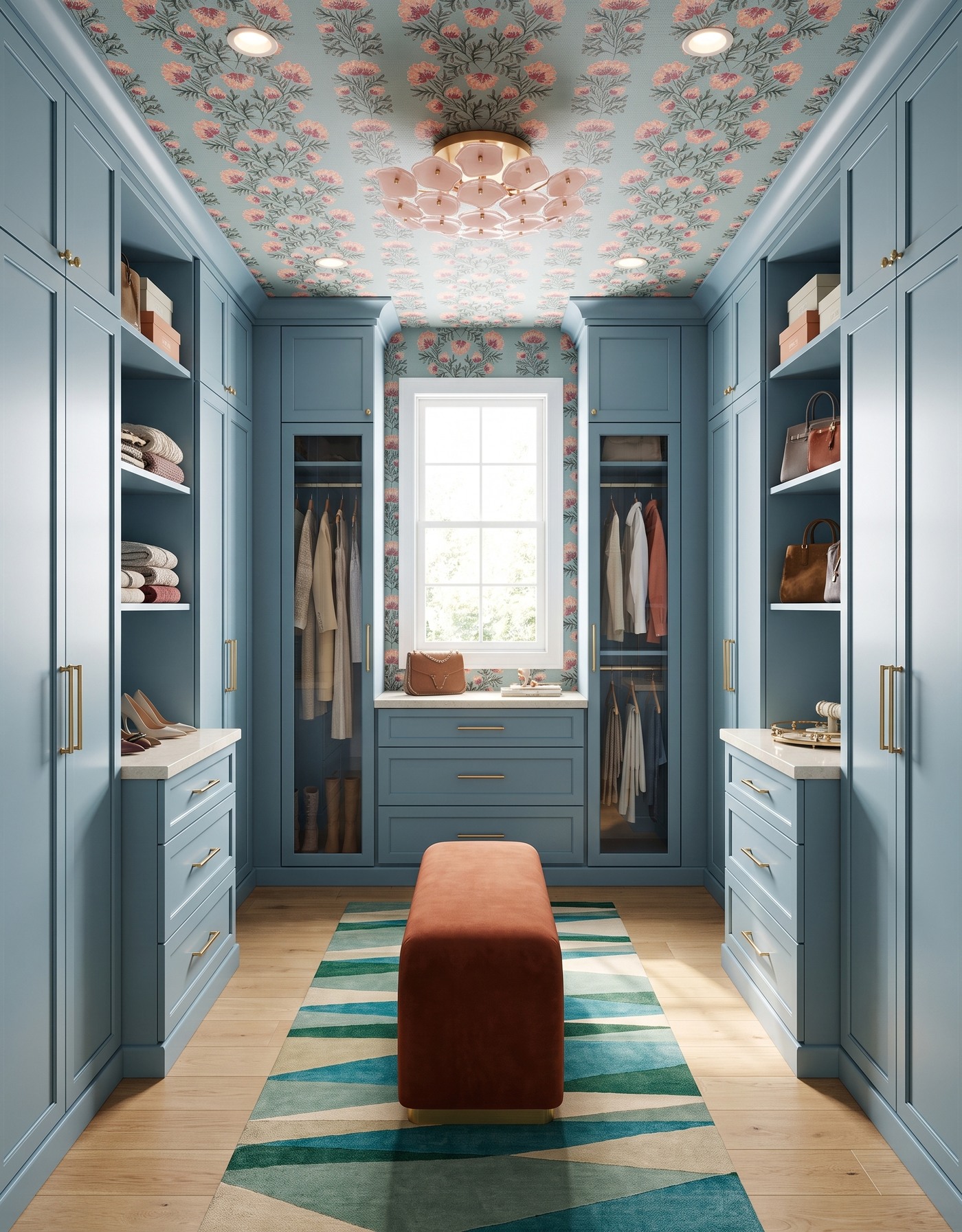 AI-created concept: Aqua closet cabinetry beneath coral floral wallpaper, with a rust bench, green geometric rug and pink flower-shaped ceiling light.