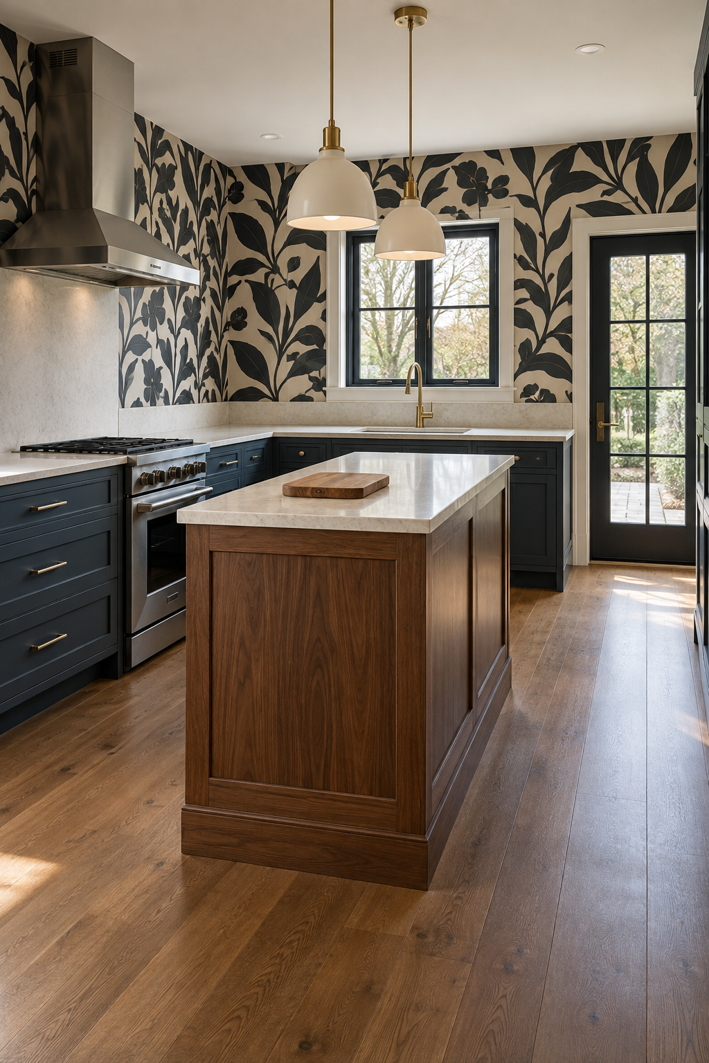 Generated kitchen concept with blue perimeter cabinets, a compact walnut prep island, and an open route along its right side to the exterior door.