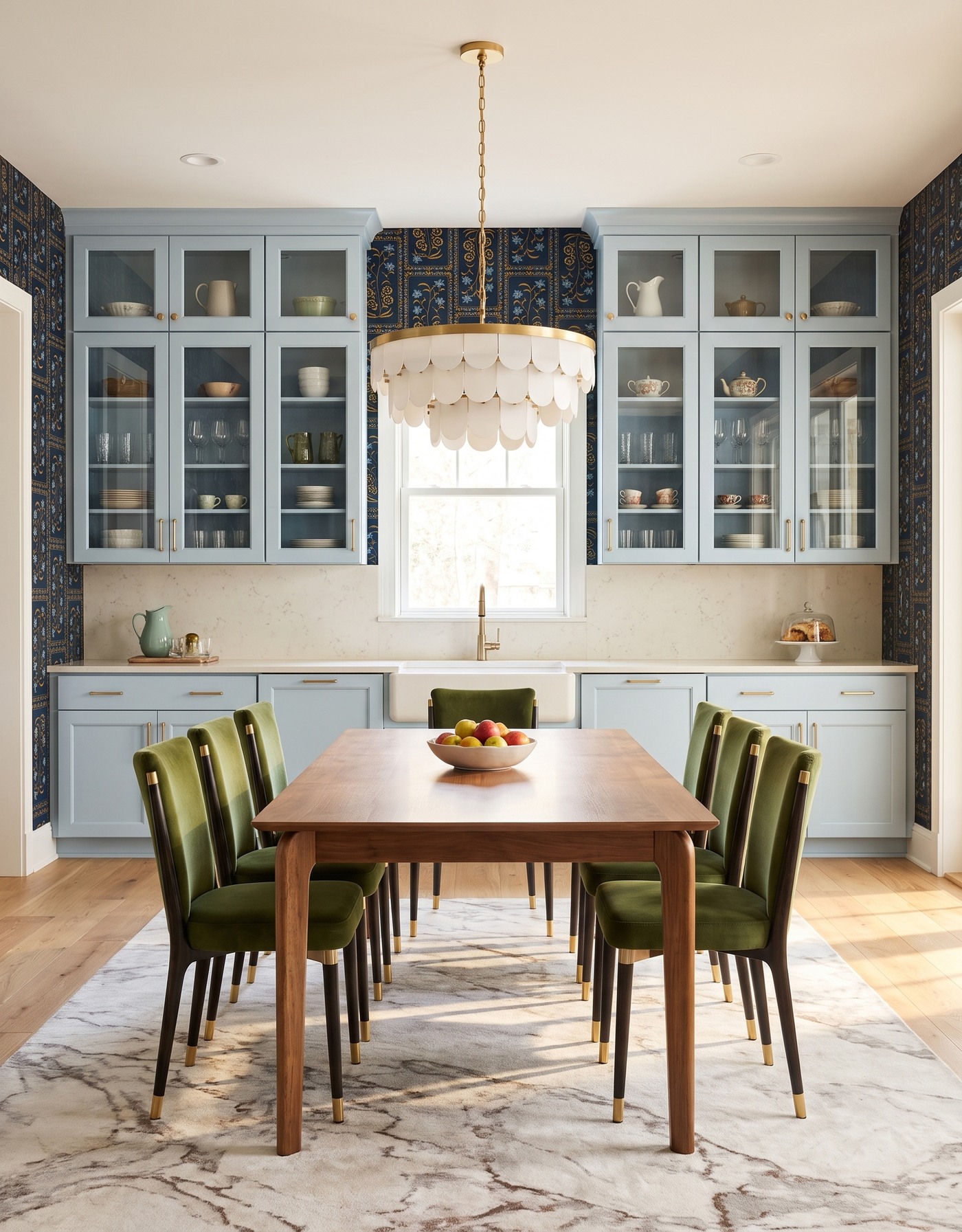 AI-created concept: Smoky-blue cabinetry against a dark botanical, with olive chairs, a wood table and a cream pendant.