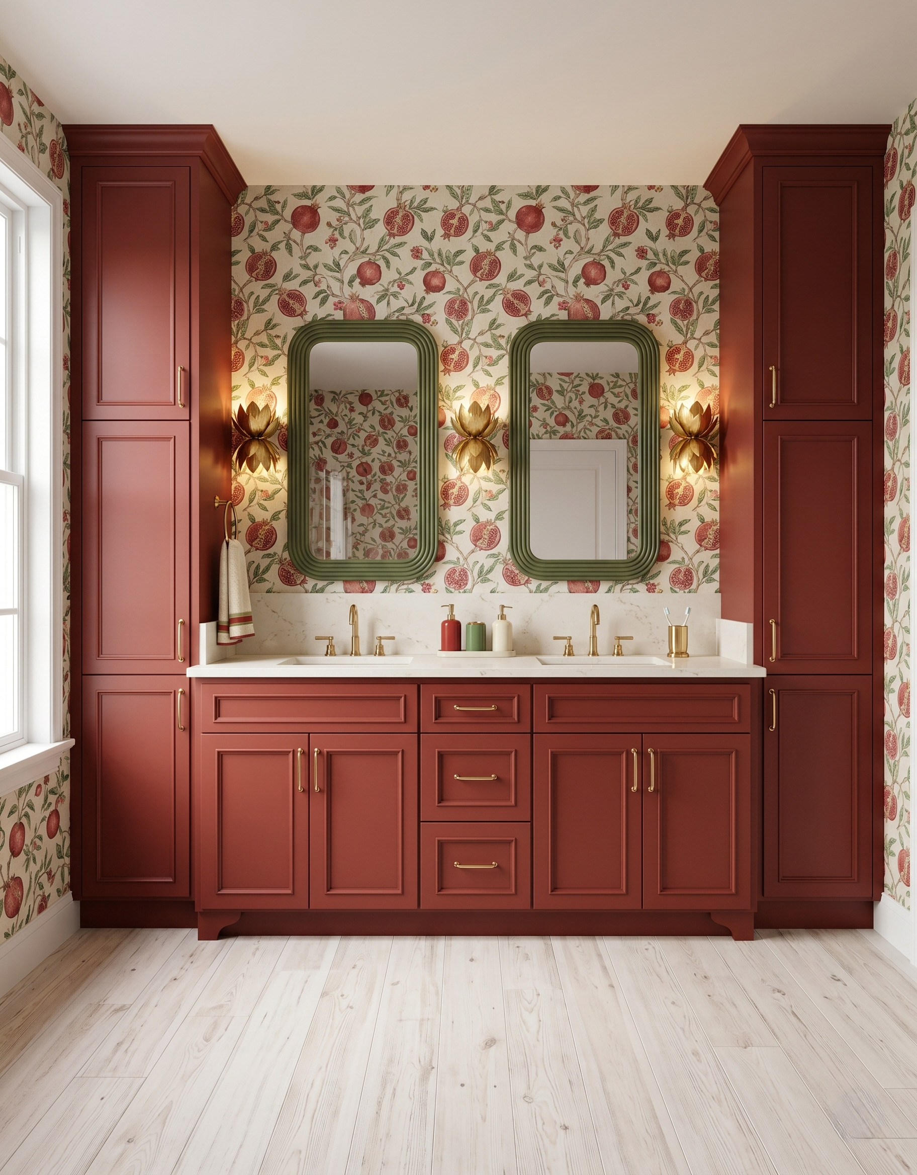 Rust-red double vanity and tall side cabinets with pomegranate wallpaper, green mirrors, gold petal sconces and a pale wood-look floor.