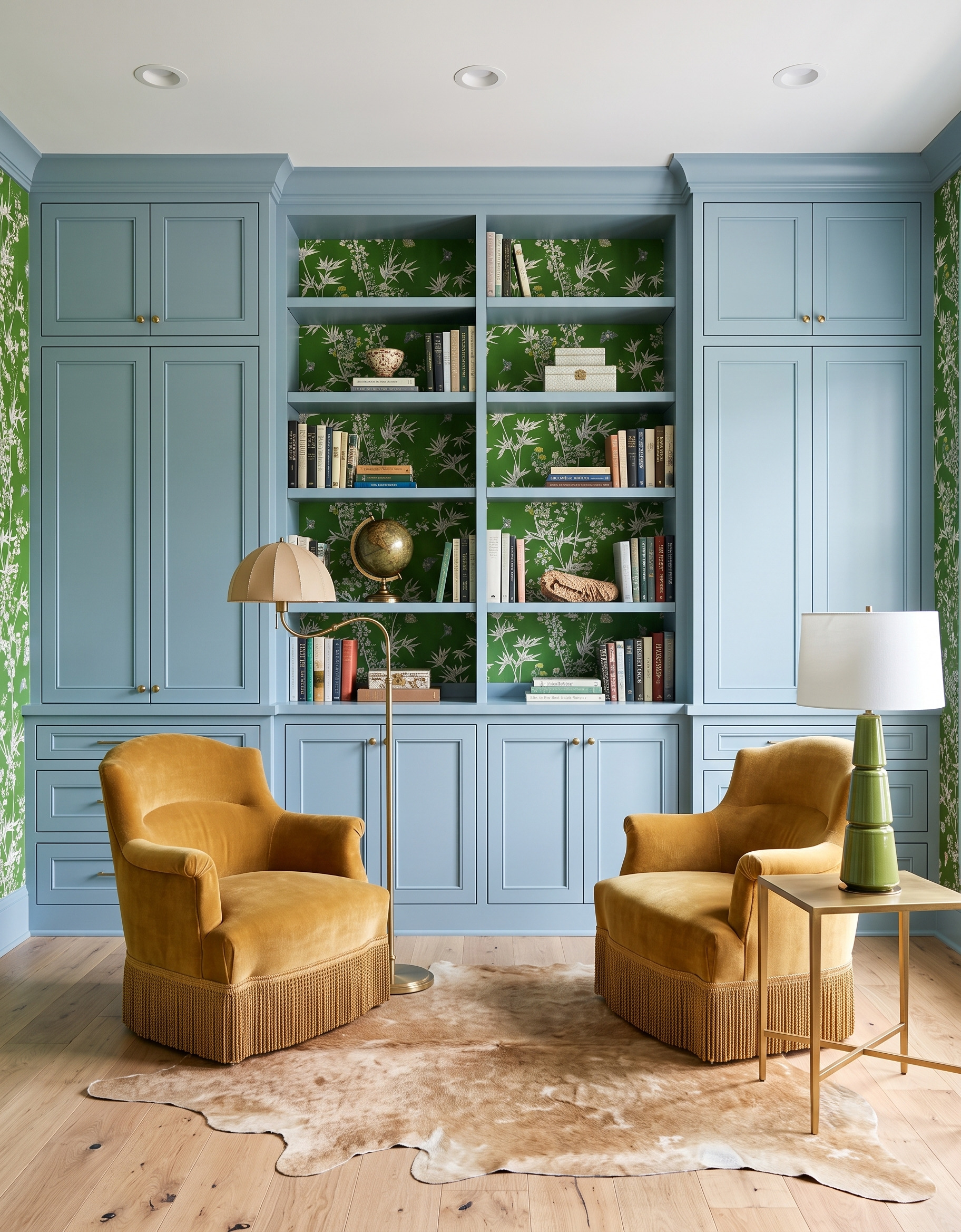 Two golden fringed armchairs in front of a pale blue bookcase with green botanical wallpaper, a floor lamp and a green table lamp.