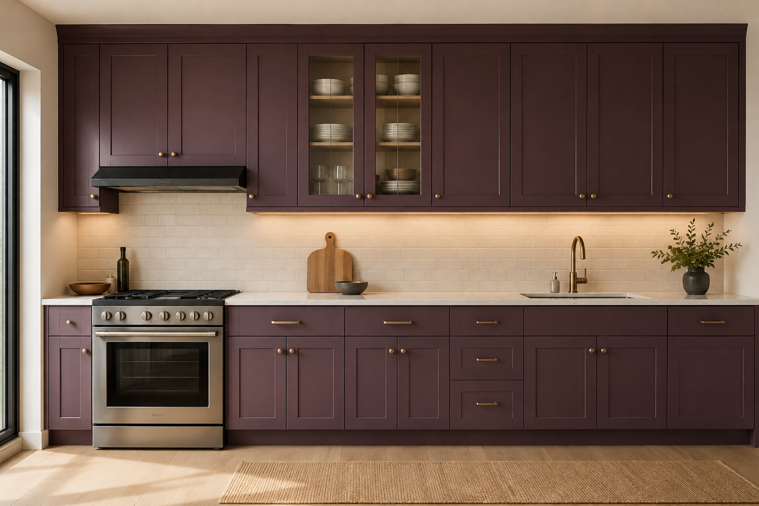 Square-on straight plum kitchen elevation with a modest centered section of glass-front upper cabinets and solid doors elsewhere.