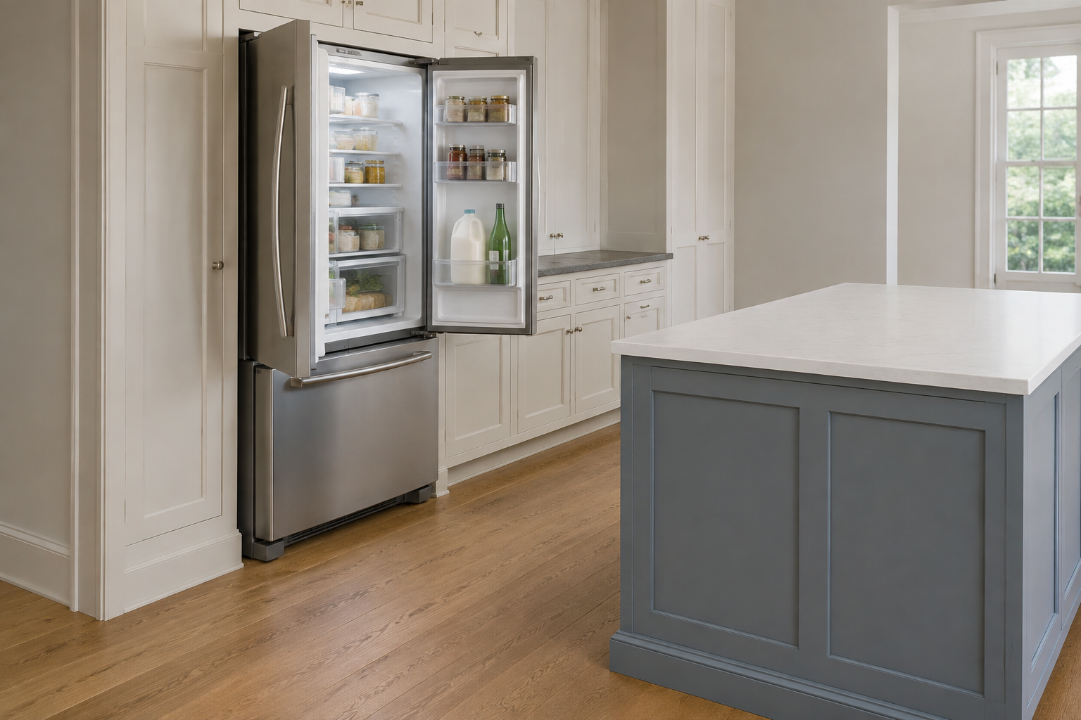 Generated concept of open French-door refrigerator doors facing a blue island, showing the door projection into the aisle.