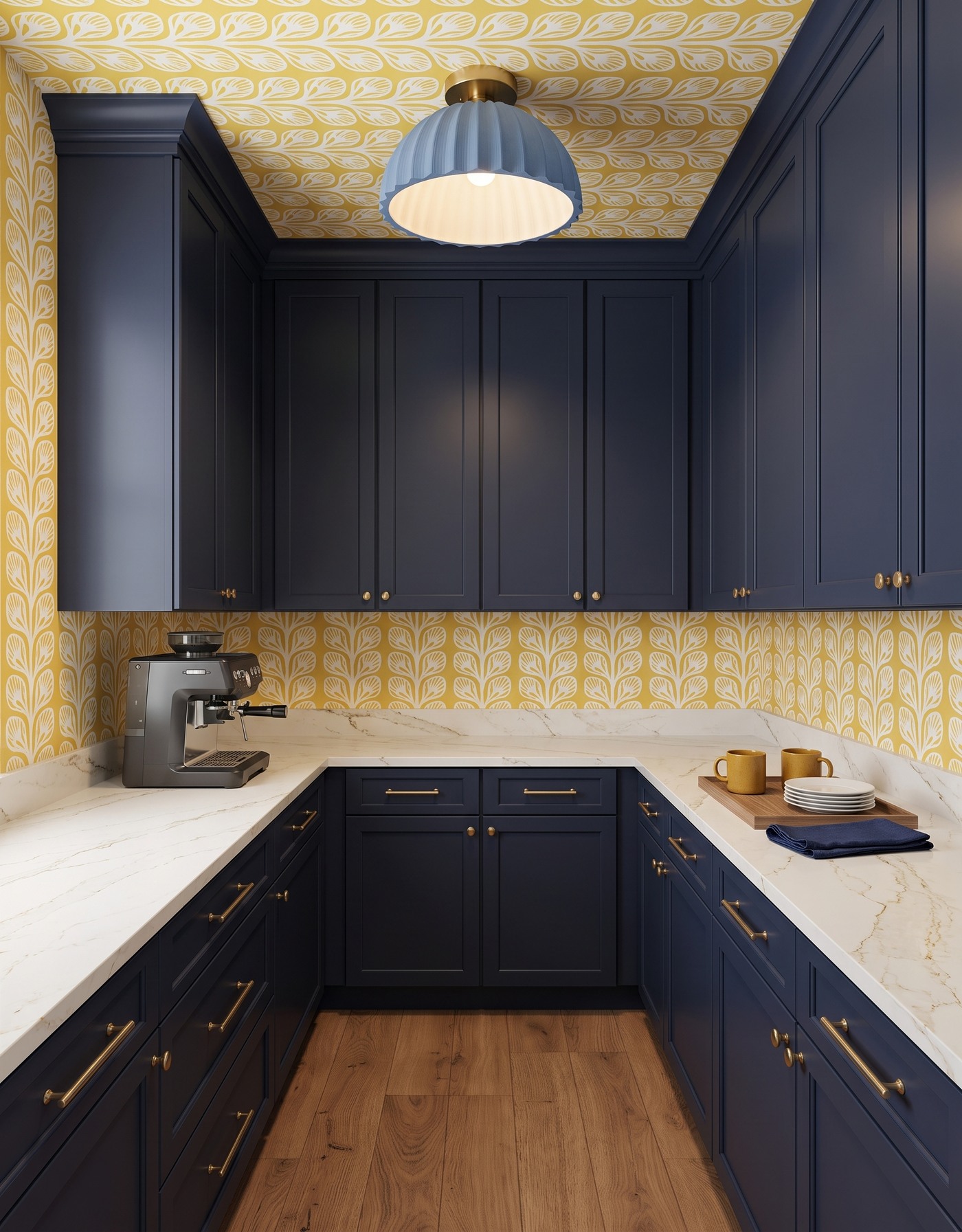 AI-created concept: Navy pantry cabinetry pairs saffron leaf wallpaper with a blue pleated light and warm wood flooring.