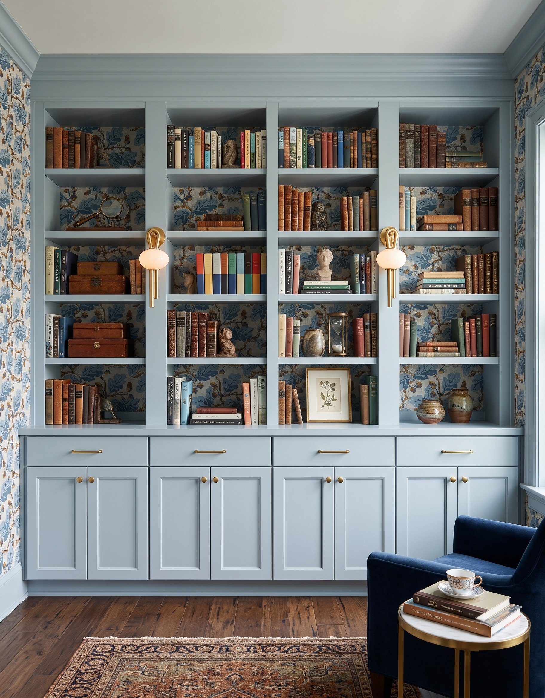 Pale blue bookcase with botanical wallpaper, brass globe sconces and a navy chair beside a round table holding books and a teacup.