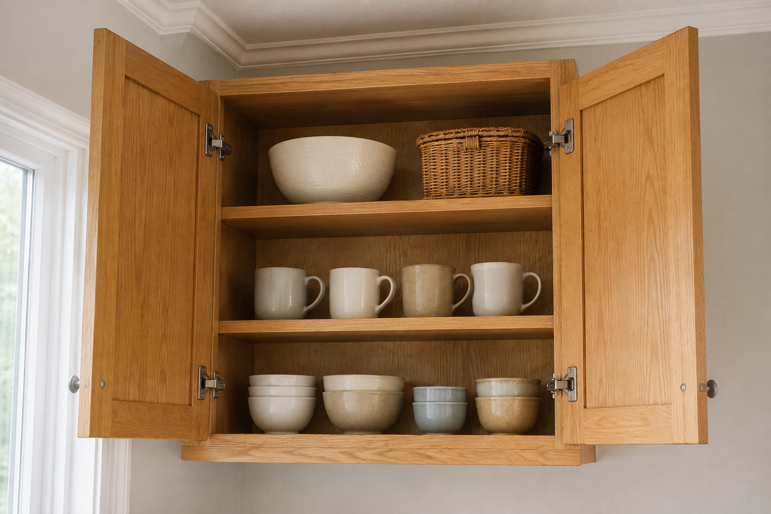 Open solid oak upper cabinet doors revealing ordinary bowls and mugs on reachable shelves inside real cabinet boxes.
