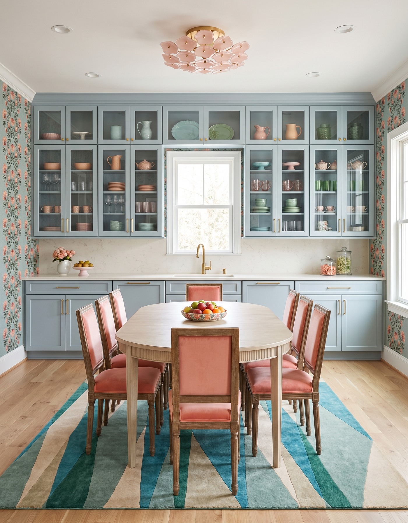 AI-created concept: Dusty aqua glass-front kitchen cabinets with coral floral wallpaper, coral chairs, a pale-wood table and a teal geometric rug.