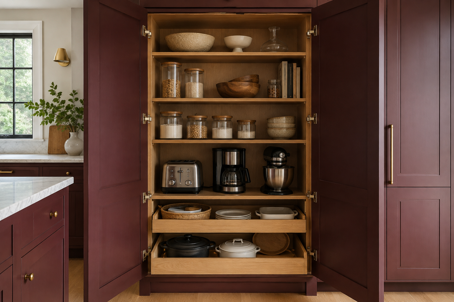 A burgundy pantry cabinet opens on visible hinges to adjustable shelves and lower pullout trays holding appliances, dishes, and dry goods.