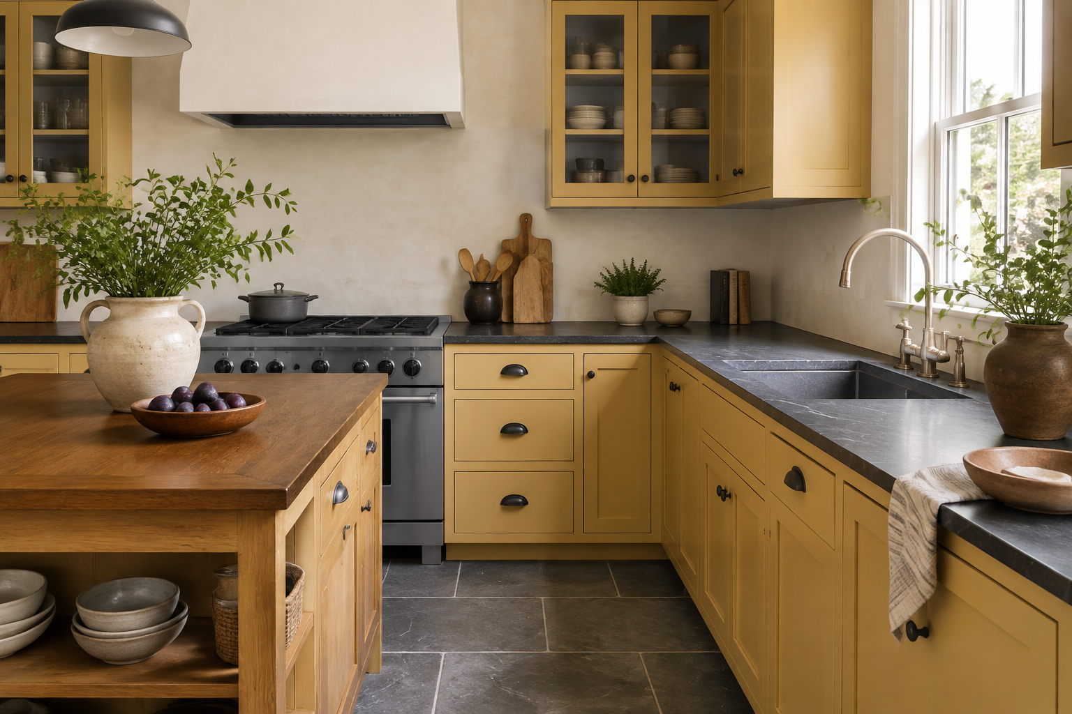 Muted yellow cabinetry with a soft slate-gray floor, dark stone worktop, and warm white walls.