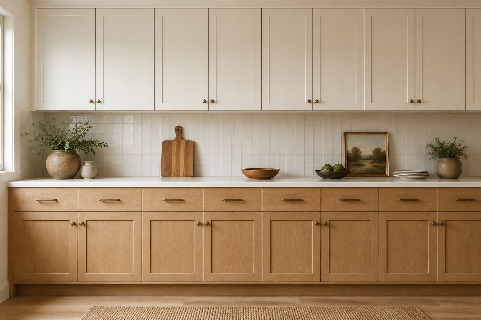 Full cabinet elevation with knobs and pulls forming calm, consistent visual lines across doors and drawers.