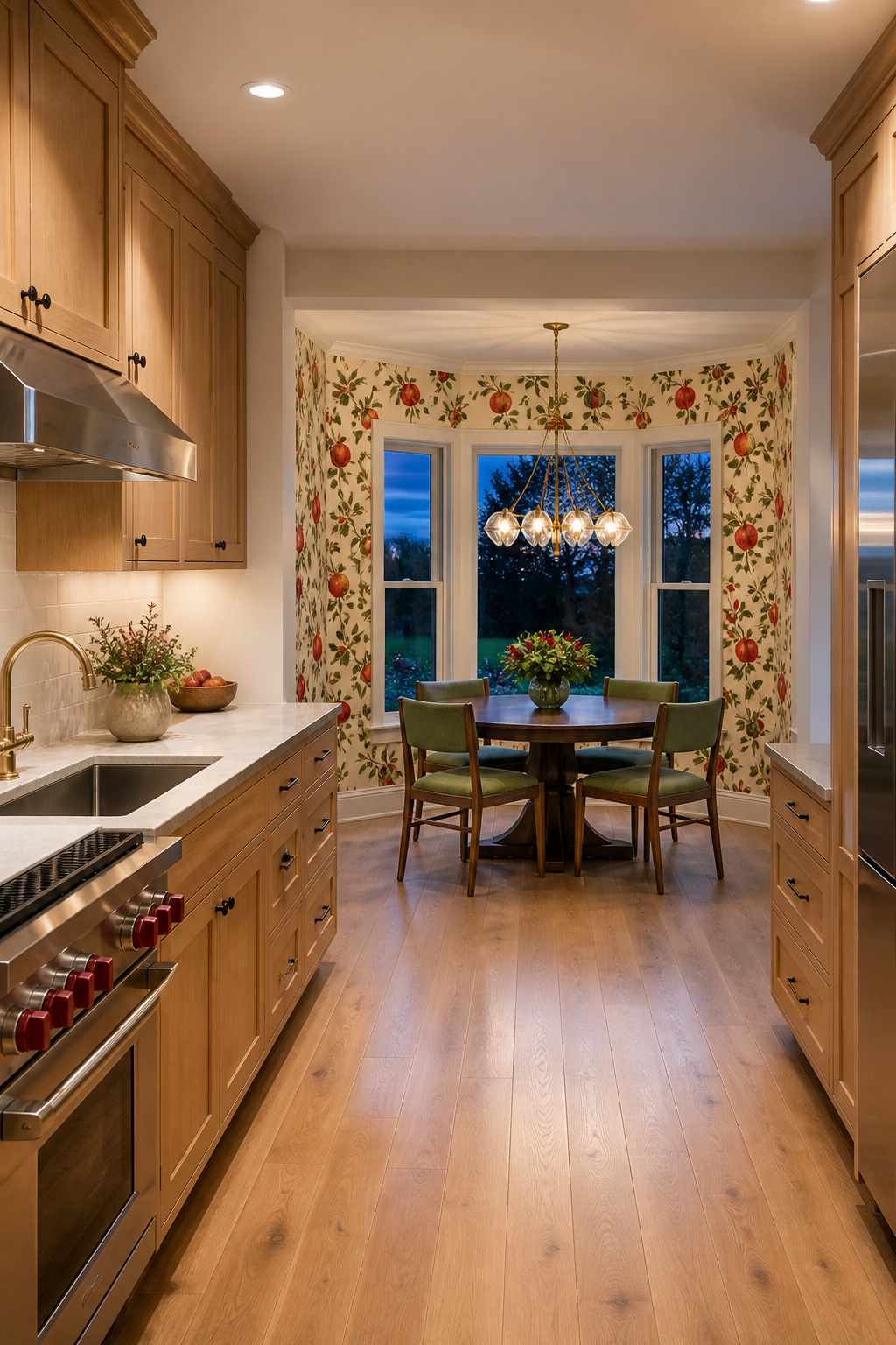 Concept image of a light wood galley kitchen leading to a pomegranate-wallpapered breakfast alcove, where a botanical chandelier centers over a four-seat round table.