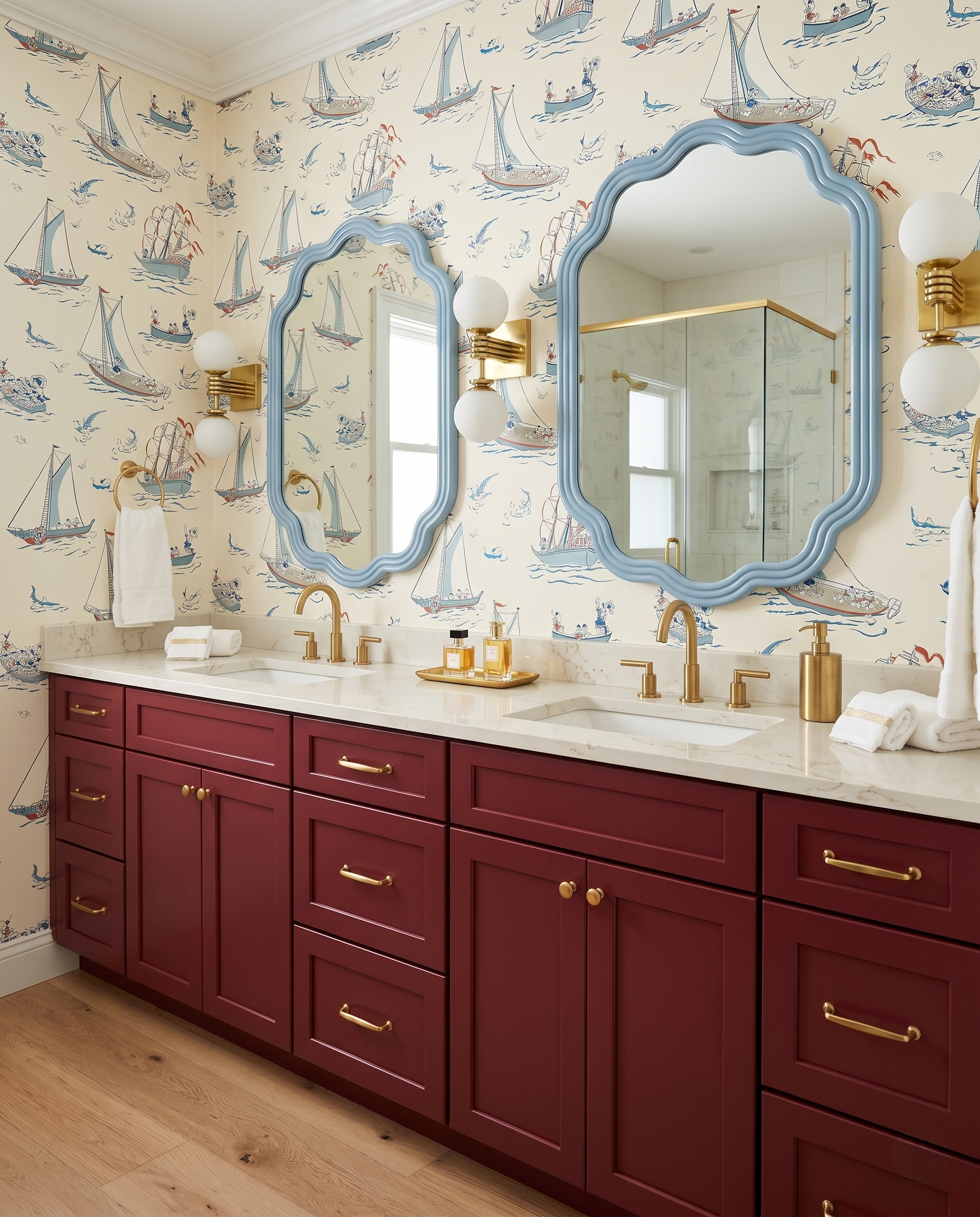 Powder-blue wavy mirrors with paired white-globe brass sconces above a wine-red vanity and sailing-boat wallpaper.