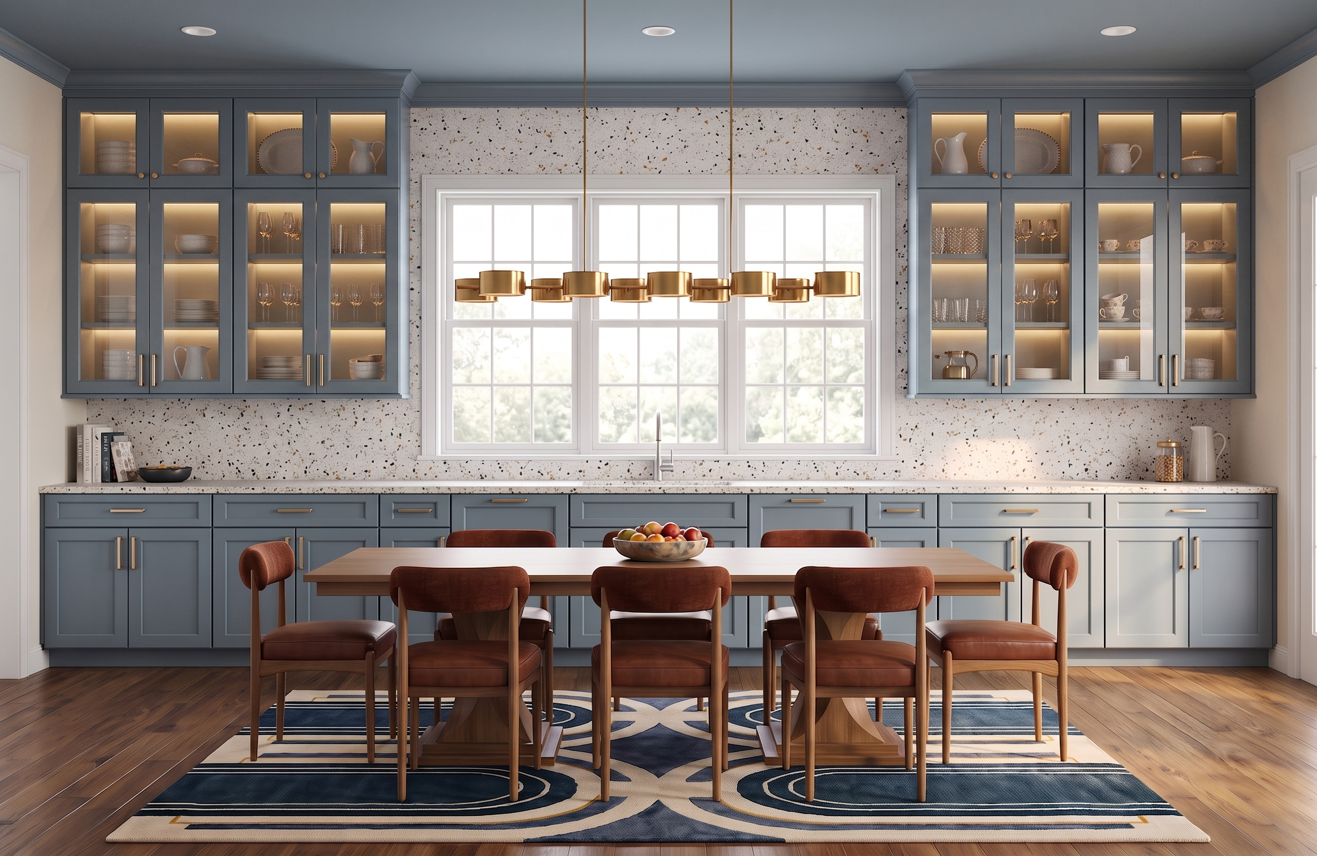 A long wood dining table with curved brown chairs and a blue geometric rug sits before smoky-blue glass cabinets beneath a linear brass light.