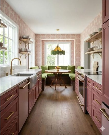 A softly colored kitchen balanced by clear geometry and substantial forms.