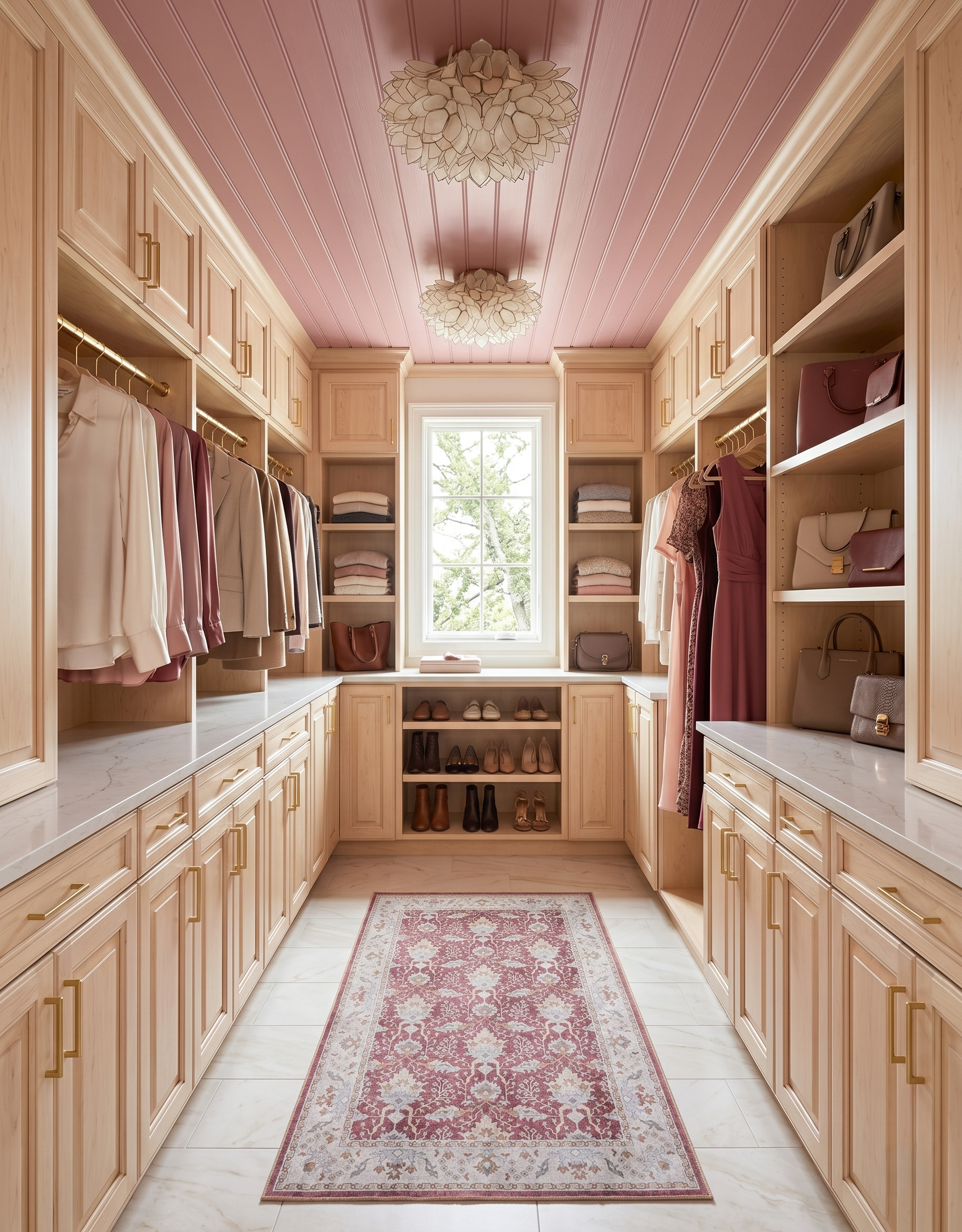 Natural-wood U-shaped closet with a dusty-rose paneled ceiling, cream petal-shaped lights and a rose-patterned runner beneath an end window.