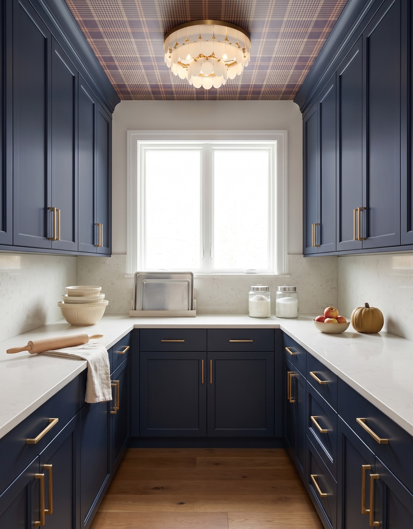 AI-created concept: Navy pantry with plum plaid ceiling, pale counters and baking sheets stored upright beside cream bowls.