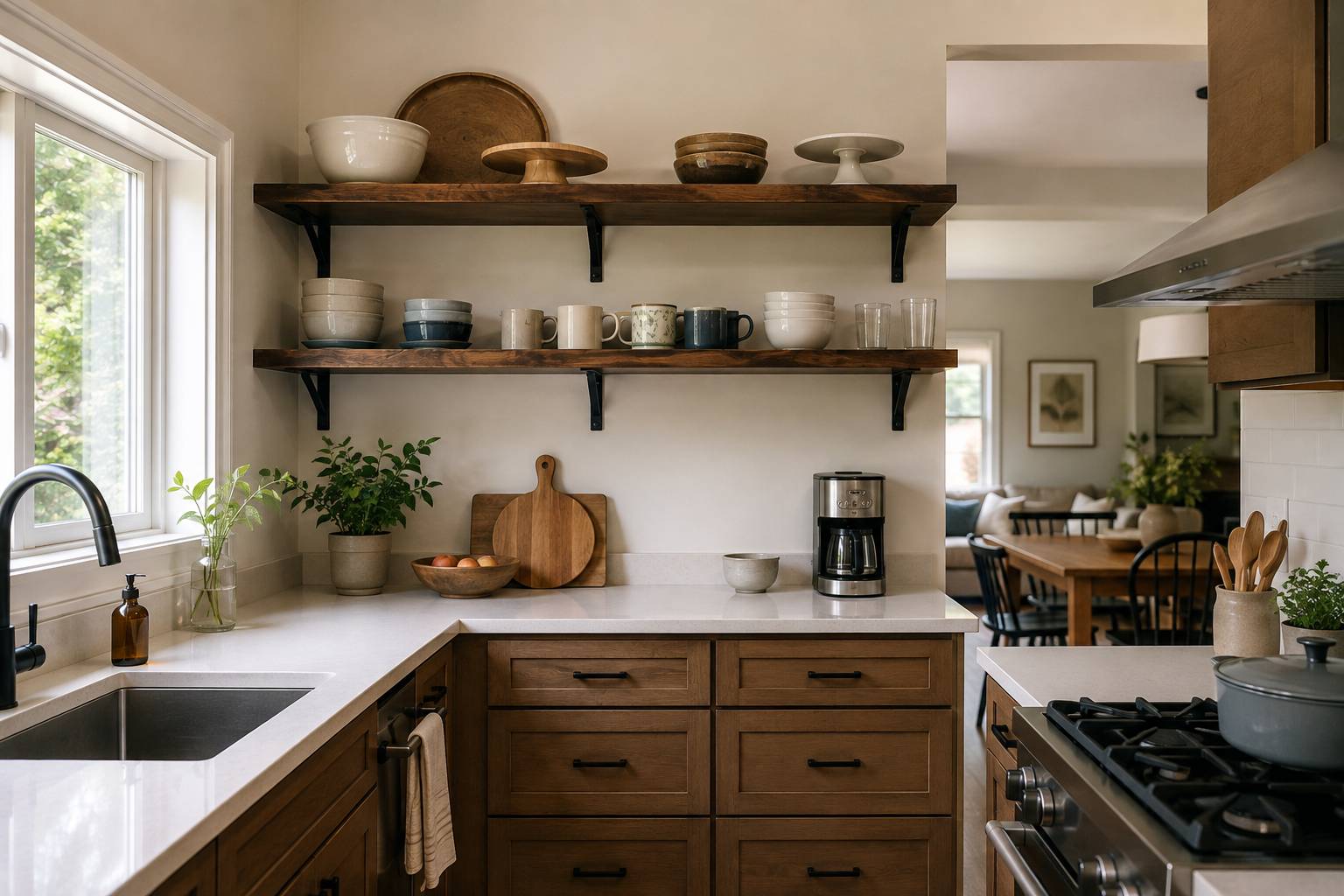 Lower open shelf holding frequently used bowls and mugs with less-used serving pieces above.