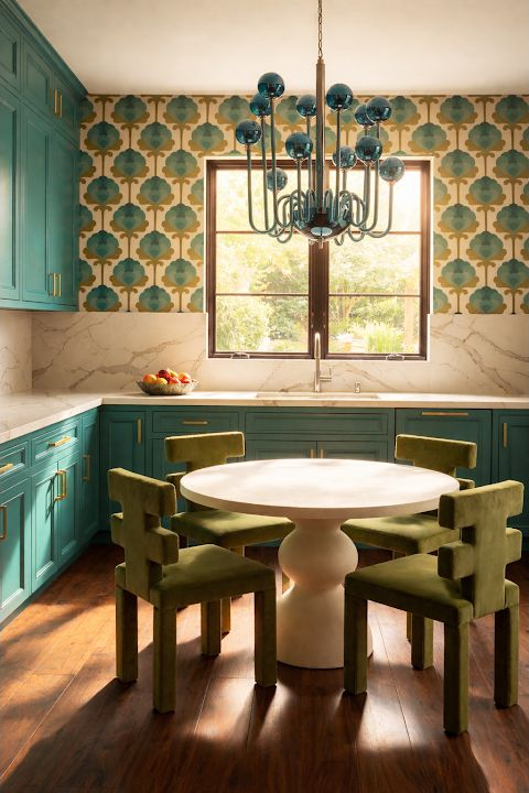 Compact island and chair arrangement with a clear, safe corner aisle flow.
