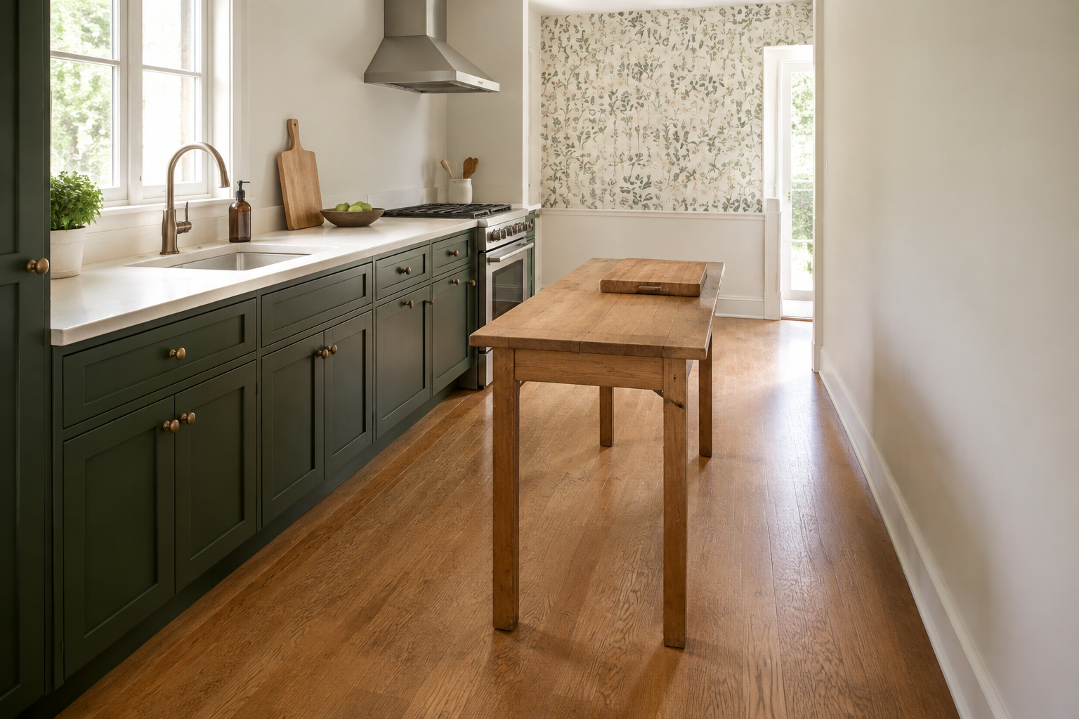 Generated concept of a narrow green kitchen with a freestanding wood worktable and a visible passage along its right side.