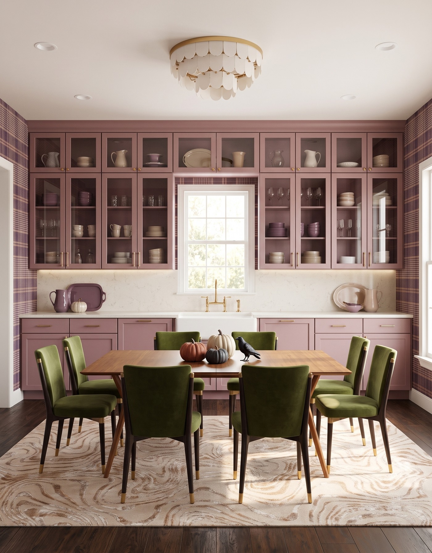 AI-created concept: Mauve cabinets and plum plaid with olive chairs, dark wood flooring and muted Halloween pumpkins.