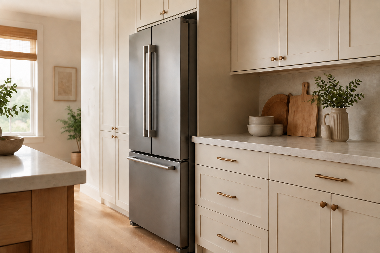 Side view of a blank unbranded refrigerator showing its relationship to counters, cabinet faces, doors, and handles.