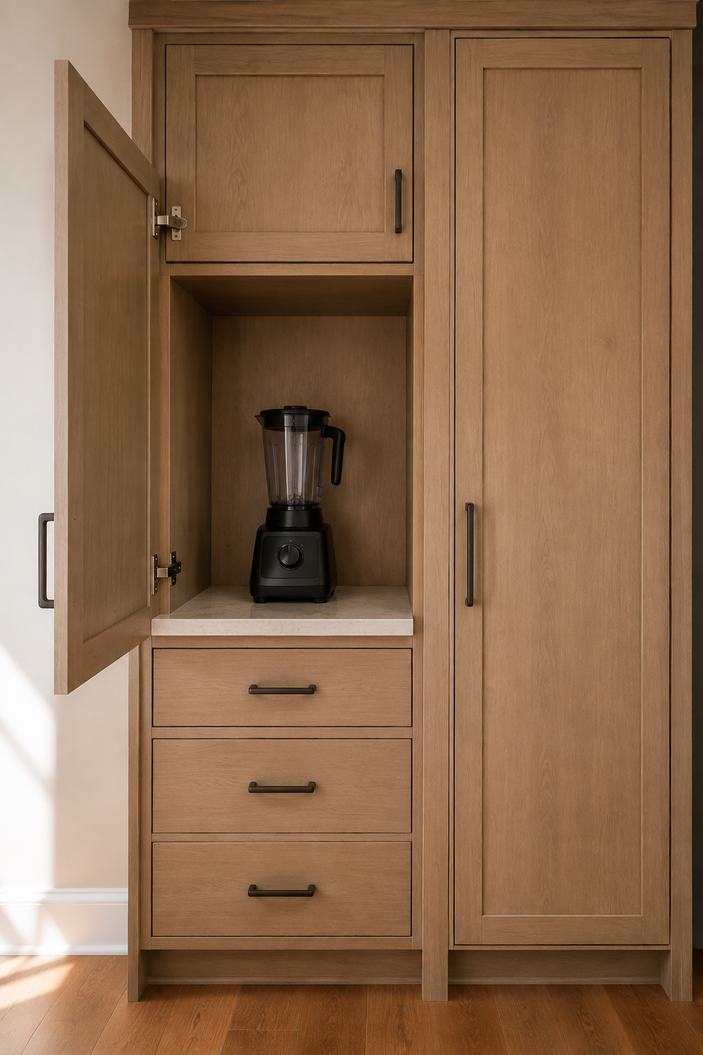 Single solid appliance-garage door hinged away from an adjacent tall pantry, with fixed cabinet material separating the two.