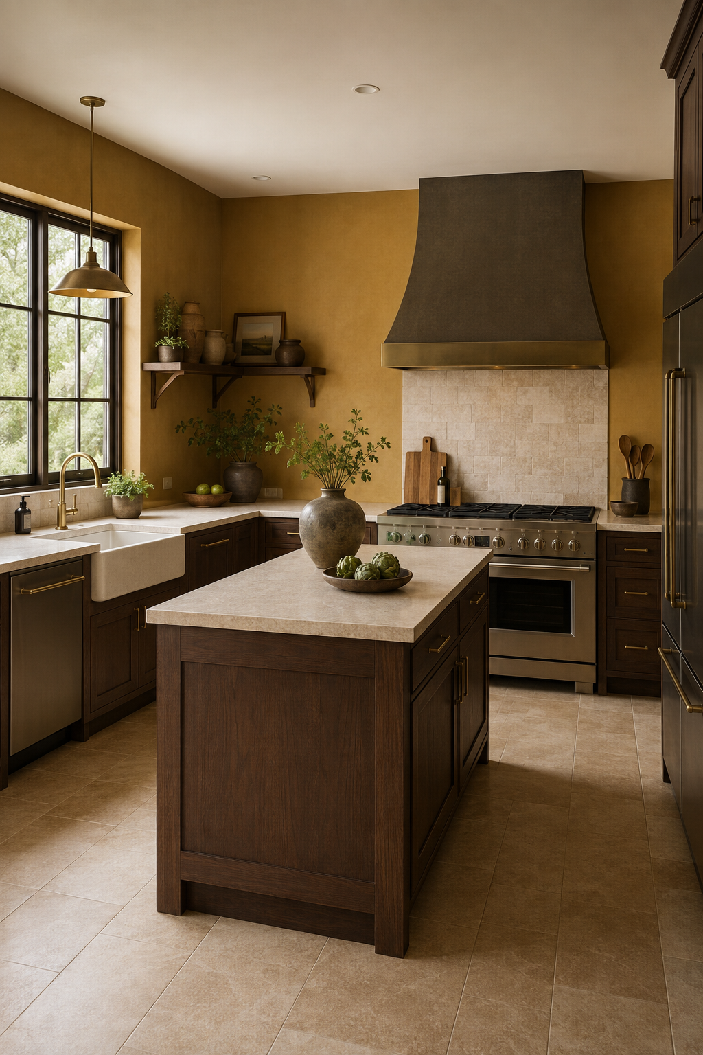 An earthy ochre kitchen with dark walnut cabinets, a properly vented range, a separate sink, and a clear prep island.
