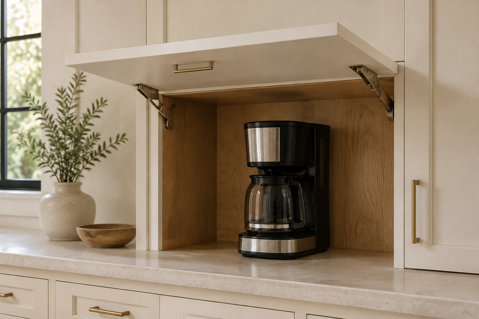 Coffee appliance garage with one realistic lift-up door fully open above the working niche and clear of the user space.
